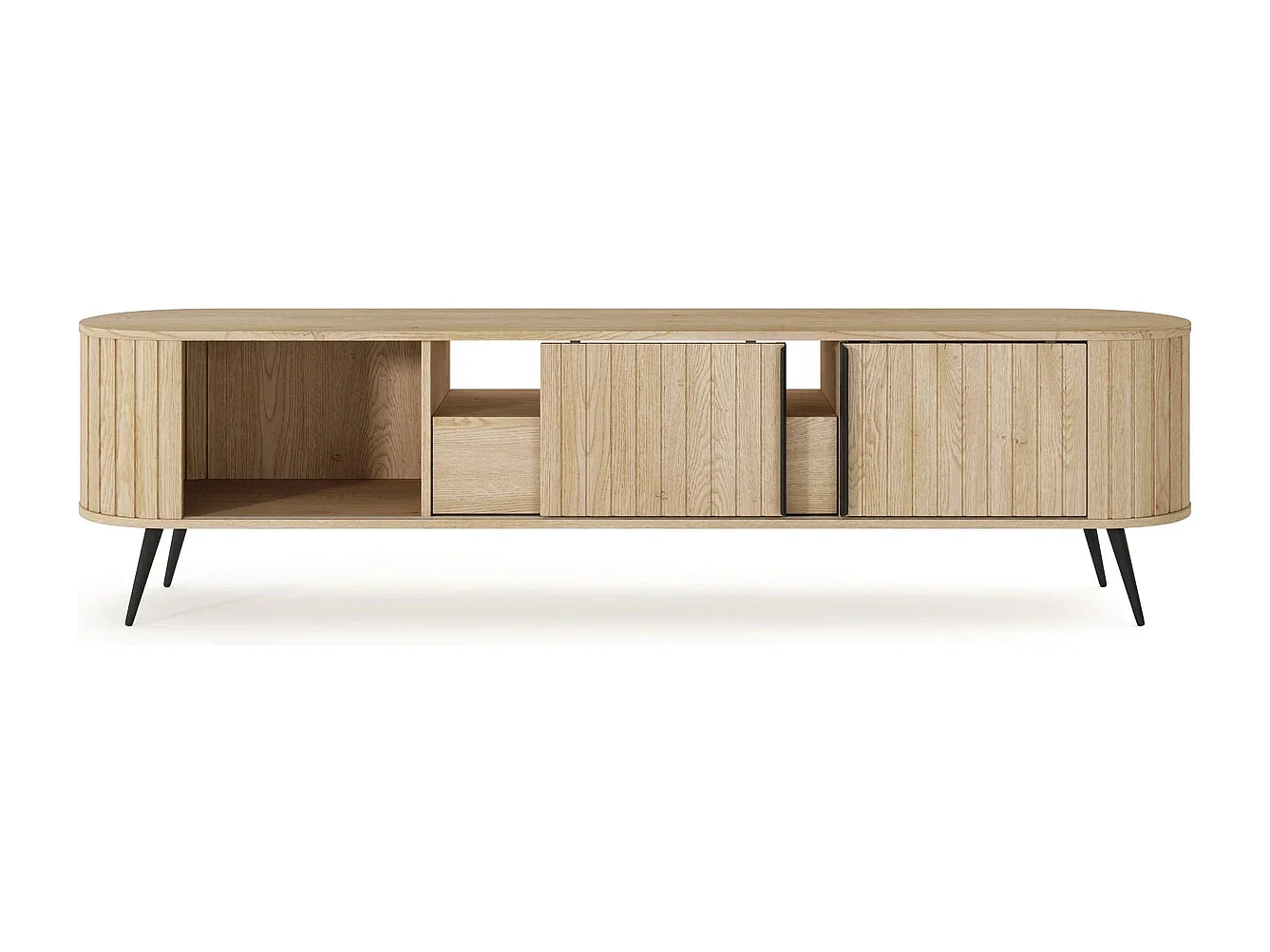 TV-Meubel LOVI 196 cm - Cremona Eiken, Geribbelde Fronten en Schuifdeuren