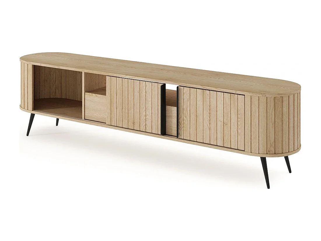 TV-Meubel LOVI 196 cm - Cremona Eiken, Geribbelde Fronten en Schuifdeuren