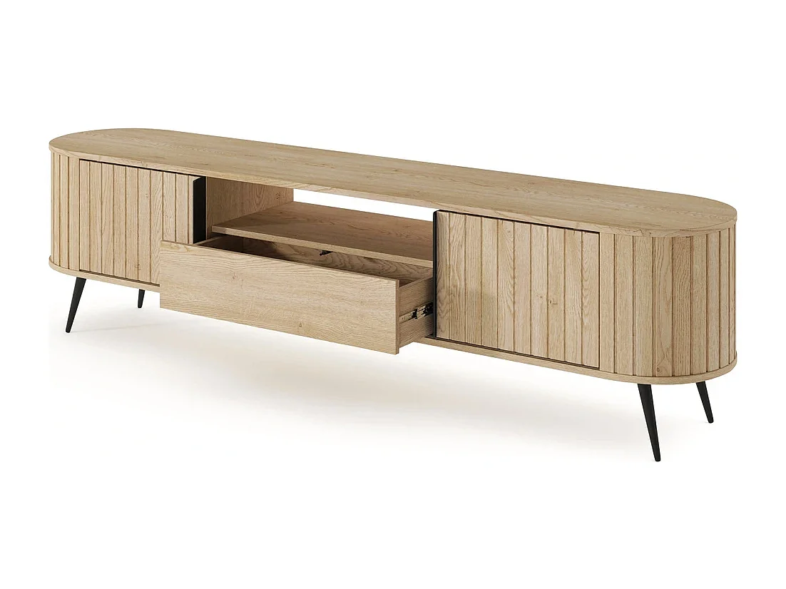 TV-Meubel LOVI 196 cm - Cremona Eiken, Geribbelde Fronten en Schuifdeuren