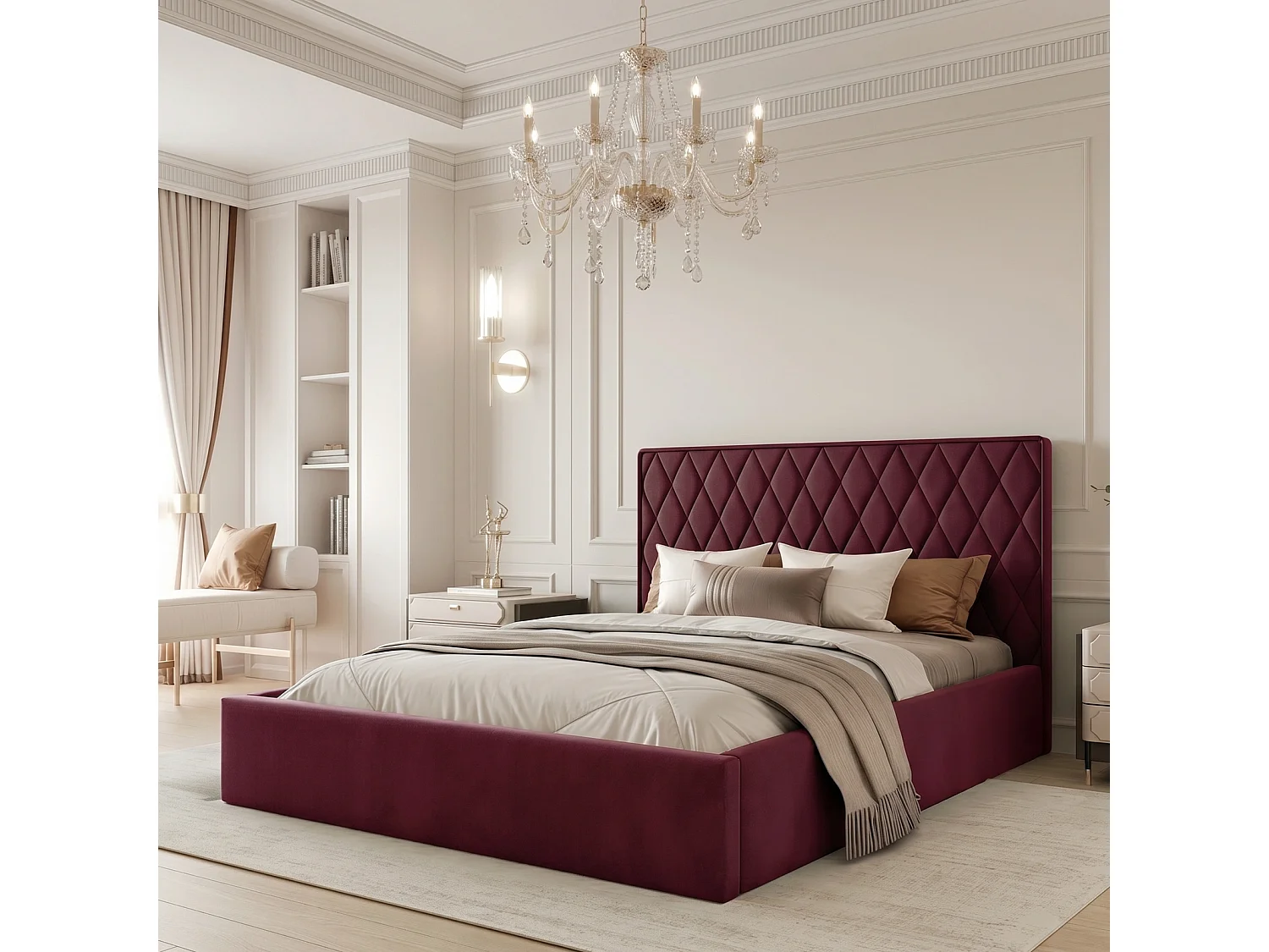 Lit Coffre Compact 2 places PONTI 140x200 cm avec Sommier à Lattes - Bordeaux (Magic Velvet)