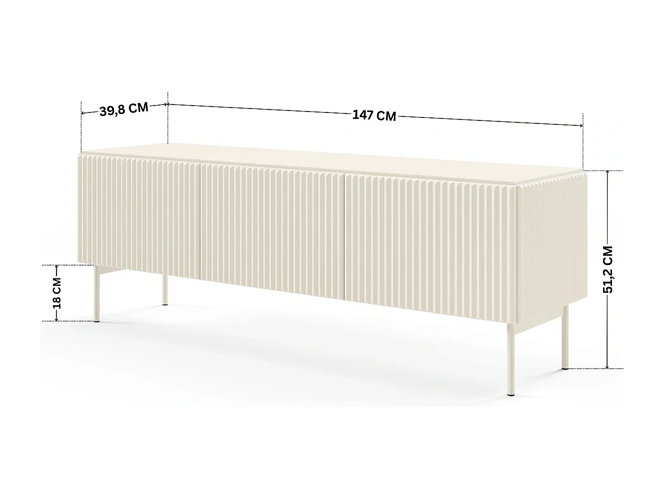 TV-Lowboard MUTI 147 cm Kaschmir - mit 3 Türen, Riffel-Fronten und Push-to-Open
