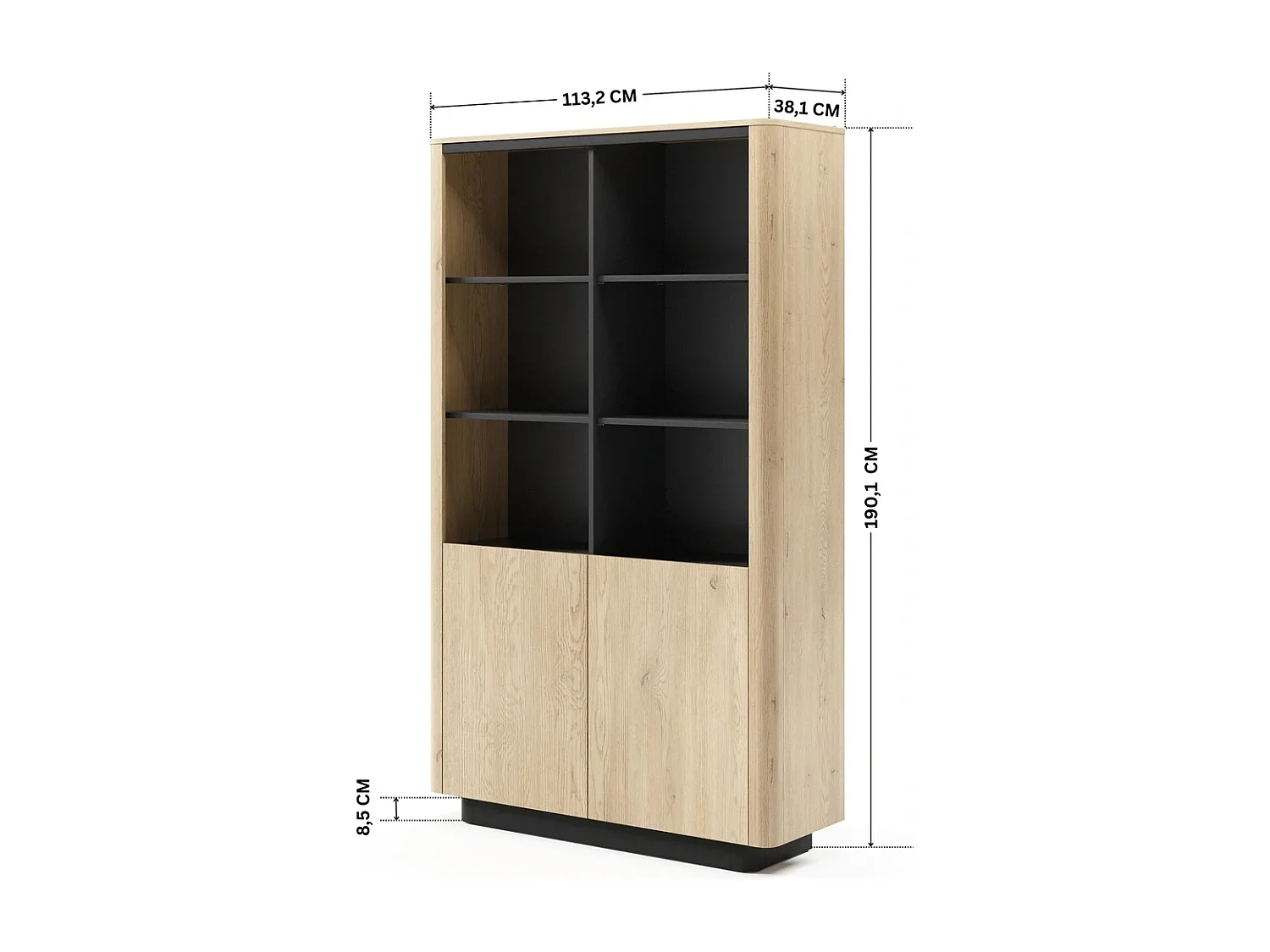 Highboard-Regal TORRO 113 cm Eiche Cremona mit schwarzem Inneren (H190 cm)