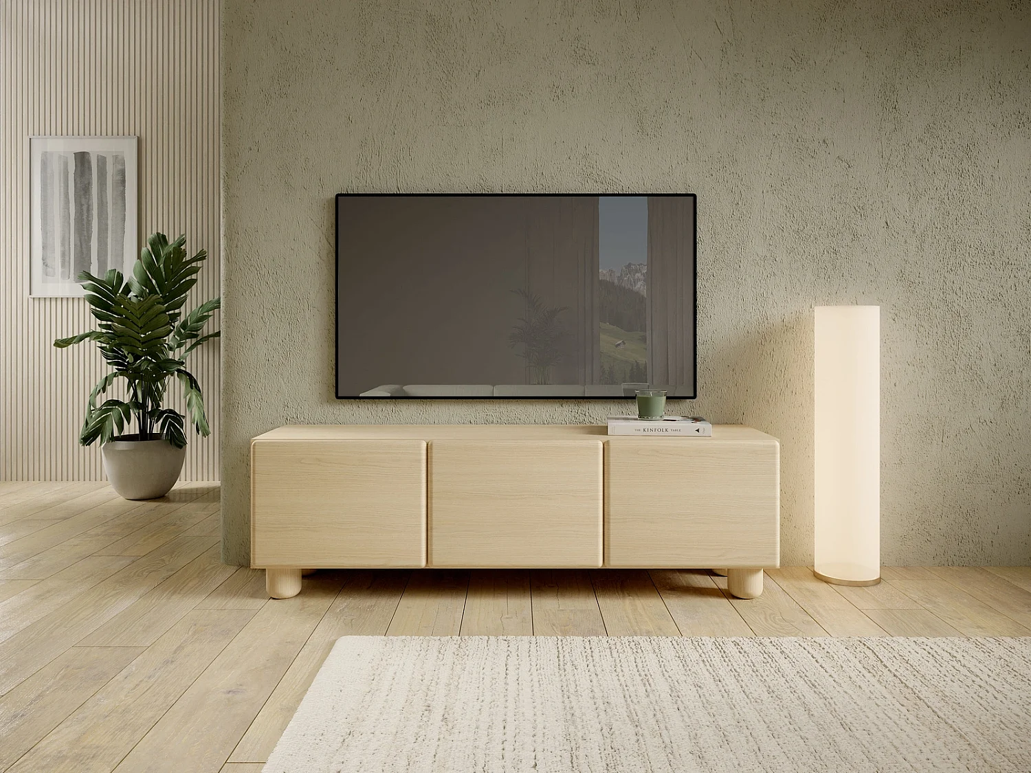 TV-Lowboard CERVI 150 cm mit 3 Klappen und abgerundeten Fronten - Eiche Vicenza