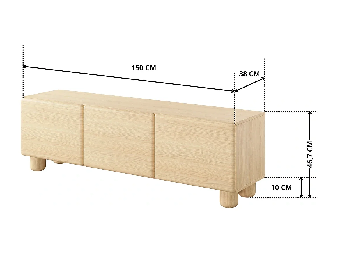 TV-Lowboard CERVI 150 cm mit 3 Klappen und abgerundeten Fronten - Eiche Vicenza
