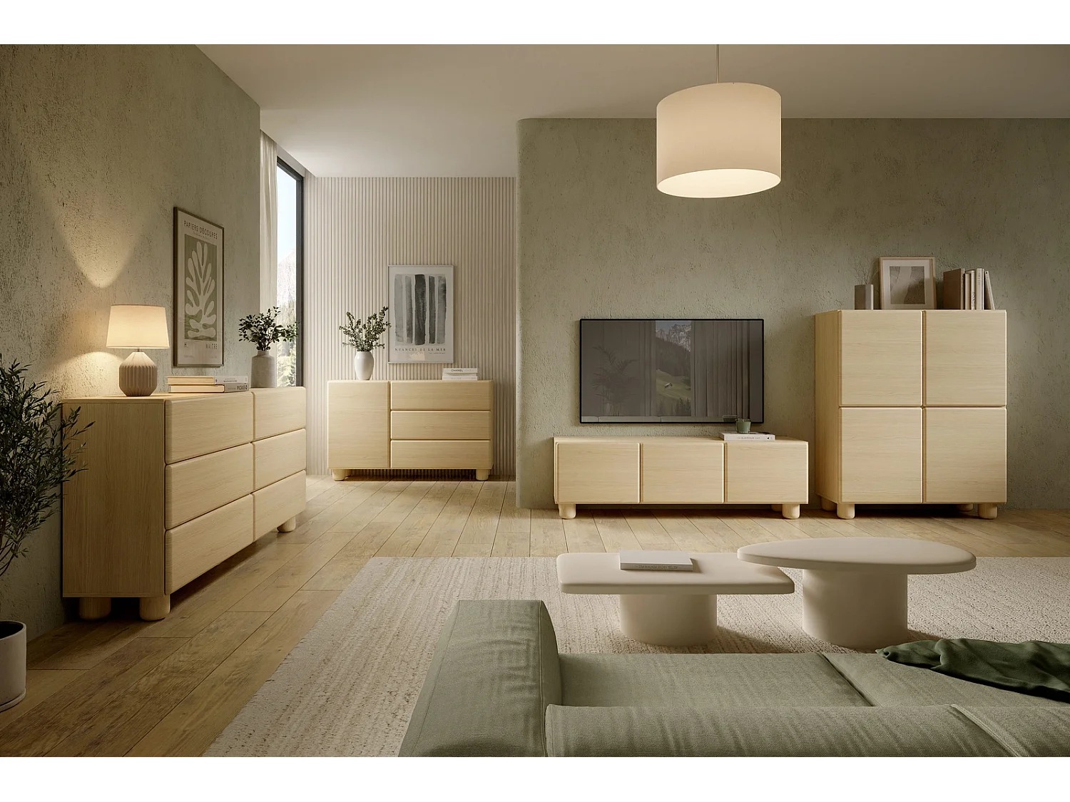 TV-Lowboard CERVI 150 cm mit 3 Klappen und abgerundeten Fronten - Eiche Vicenza