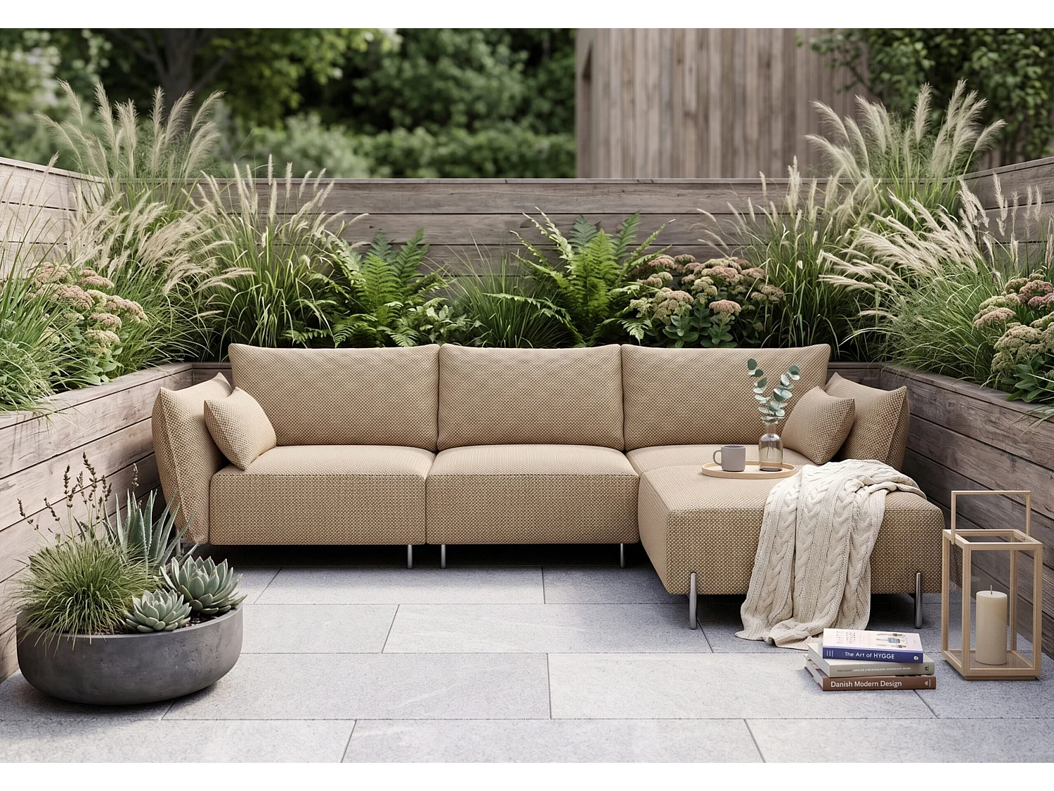 Canapé d’angle de jardin pour terrasse et jardin, tissu Sunlight, caramel au beurre, droite, SUNMEE