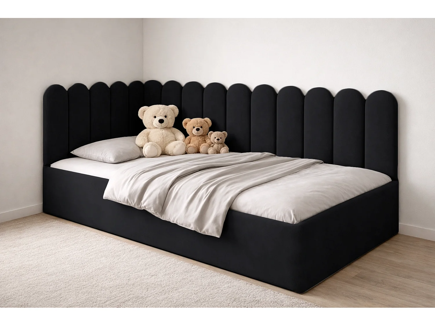 Lit Enfant et Ado Junior avec Panneaux Muraux Rembourrés - 90x200 cm - Velours Noir - Coffre