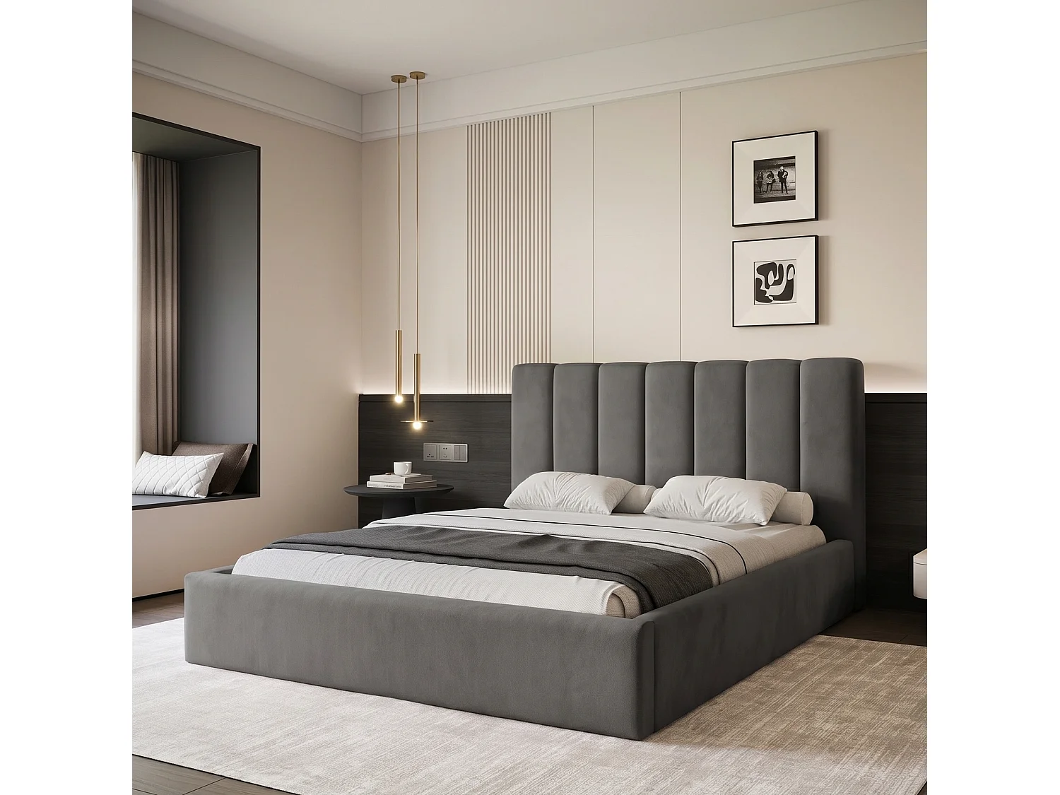 Lit Coffre 2 places CIERO 140x200 cm avec Sommier à Lattes - Velours Graphite (Magic Velvet)