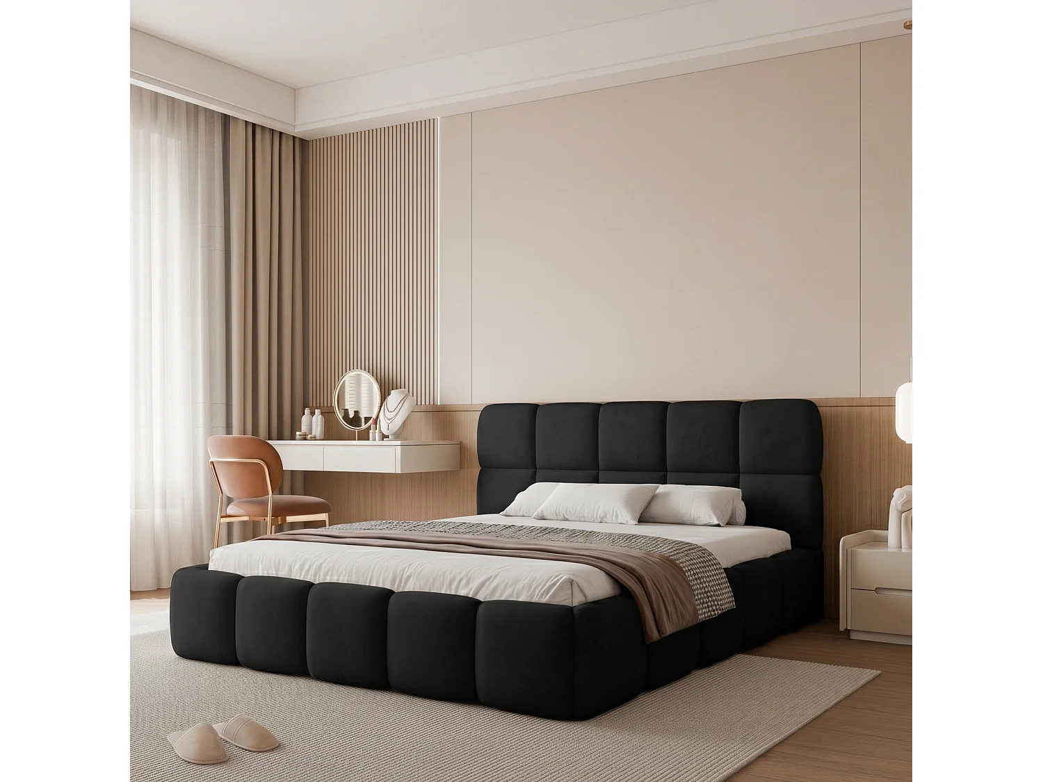 Lit Coffre 2 places CERETTO 140x200 cm avec Sommier à Lattes - Velours Noir (Jasmine 100)