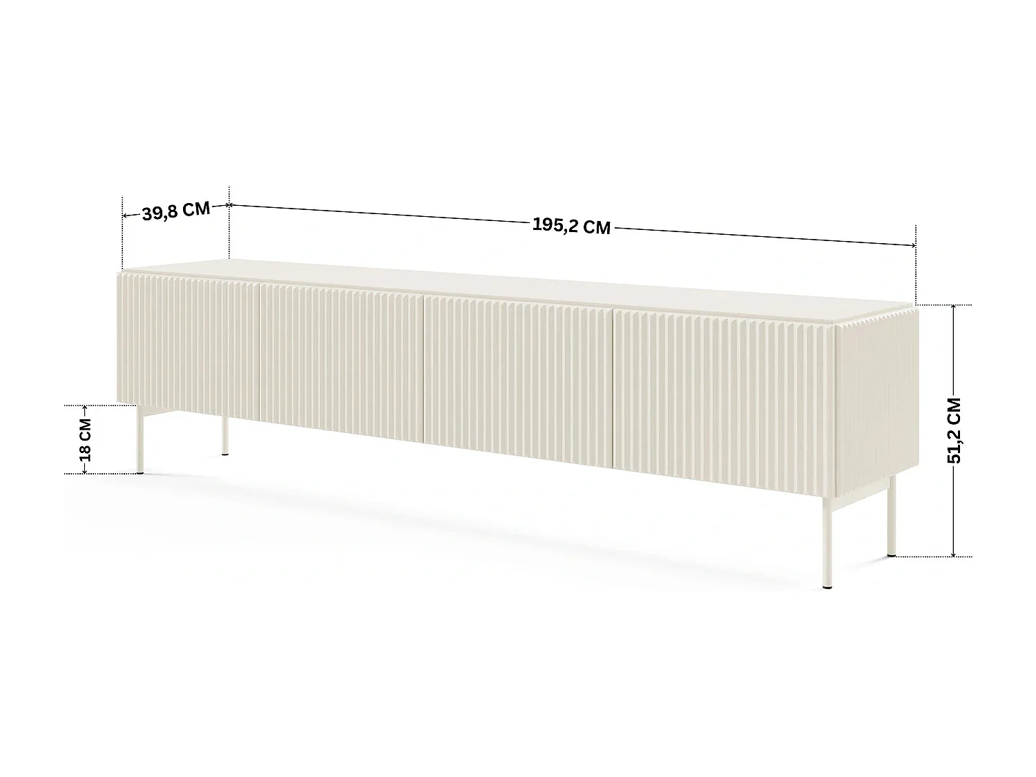 TV-Meubel MUTI 195,2 cm - Kasjmier Kleur, 4 Deuren met Geribbelde Fronten en Push-to-Open