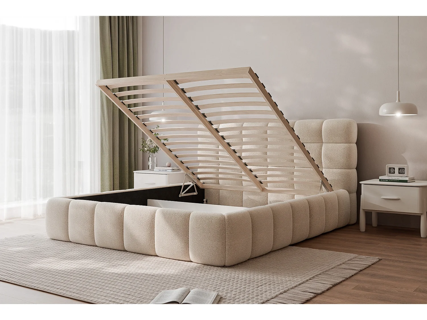 Lit Coffre King Size CERETTO 180x200 cm avec Sommier à Lattes - Tissu Texturé Beige Clair (Legend 02)