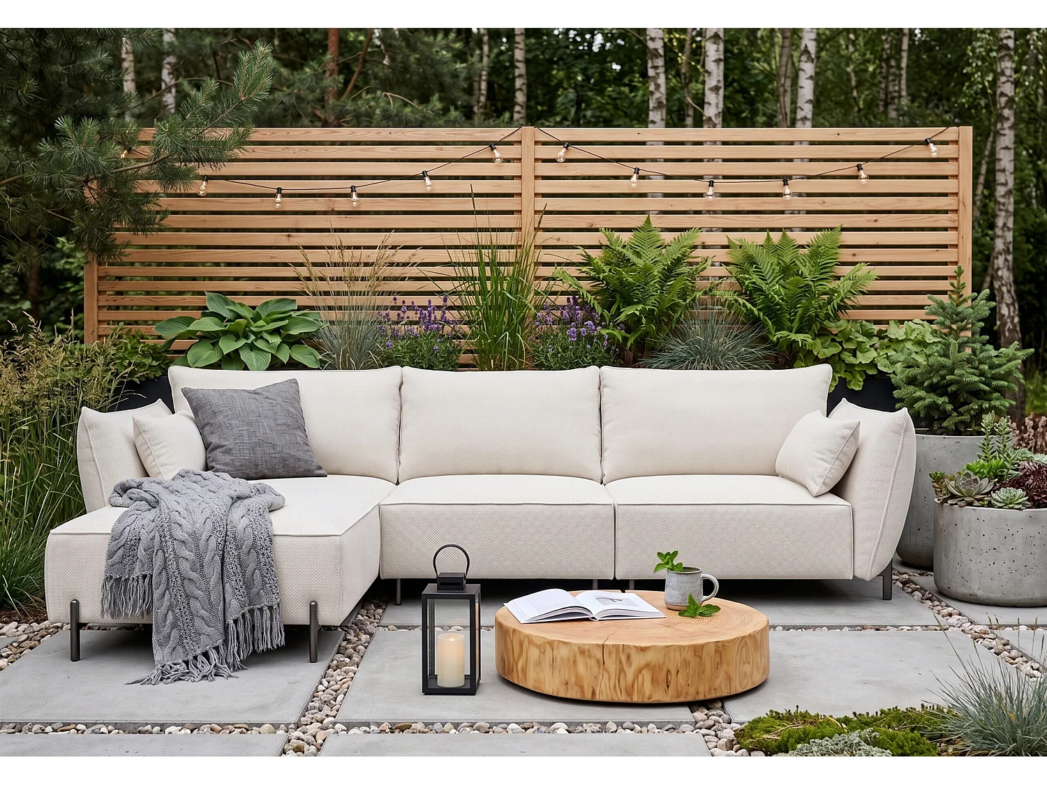 Gartenecksofa für Terrasse und Garten, Stoff Sunlight, Ecru, Links, SUNMEE