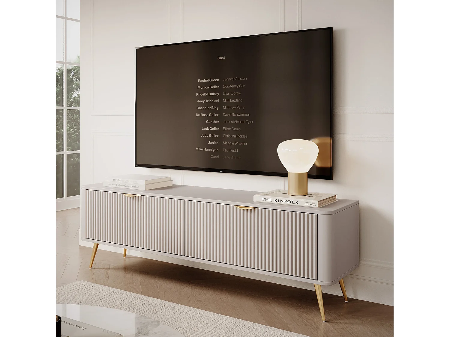 TV-meubel Flore met Geroffelde Fronten en Gouden Poten - Beige en Goud