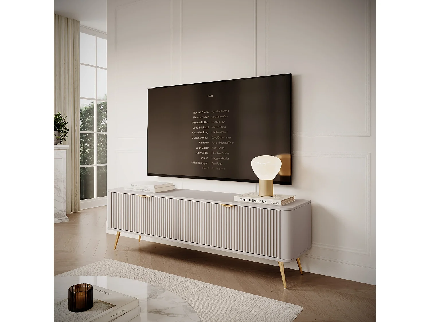 TV-meubel Flore met Geroffelde Fronten en Gouden Poten - Beige en Goud