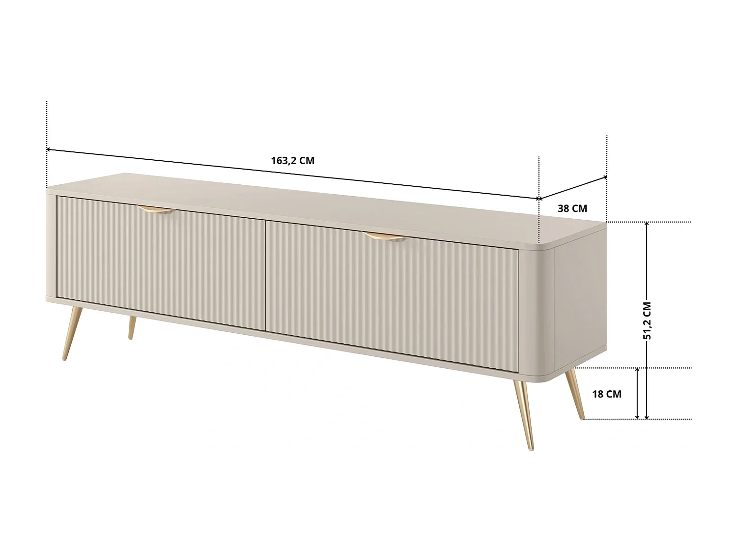 TV-meubel Flore met Geroffelde Fronten en Gouden Poten - Beige en Goud