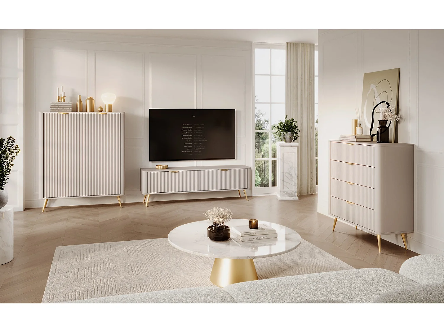 TV-meubel Flore met Geroffelde Fronten en Gouden Poten - Beige en Goud
