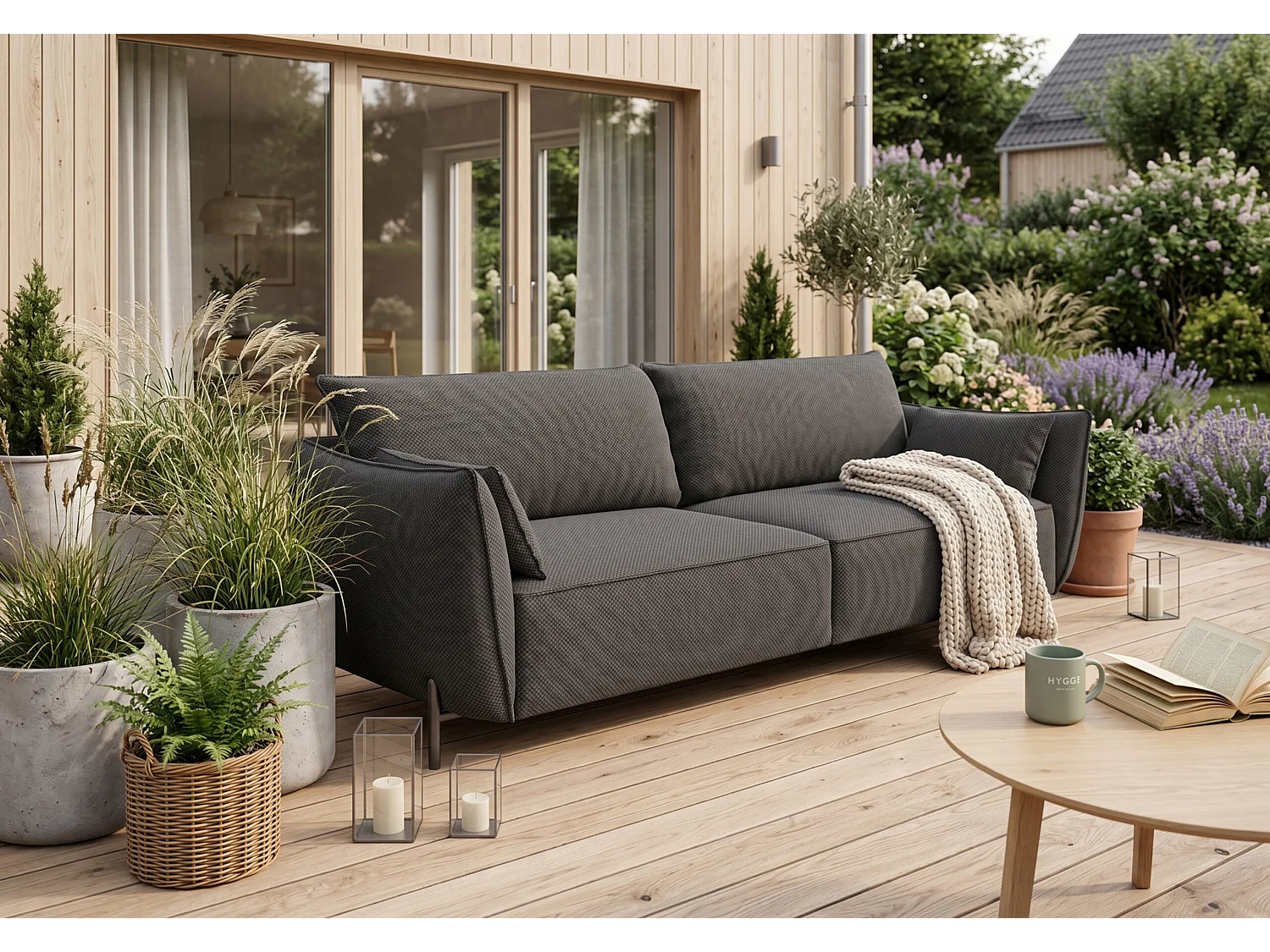 Sofa 3-osobowa na taras i ogród, tkanina Sunlight, Grafitowy, SUNMEE