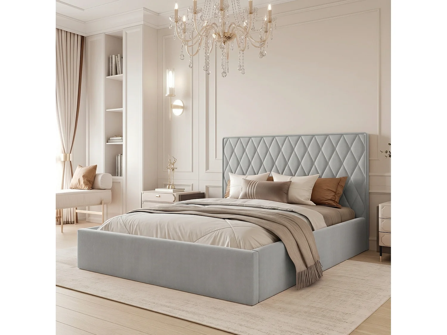 Lit Coffre Compact King Size XL PONTI 200x200 cm avec Sommier à Lattes - Gris Clair (Magic Velvet)