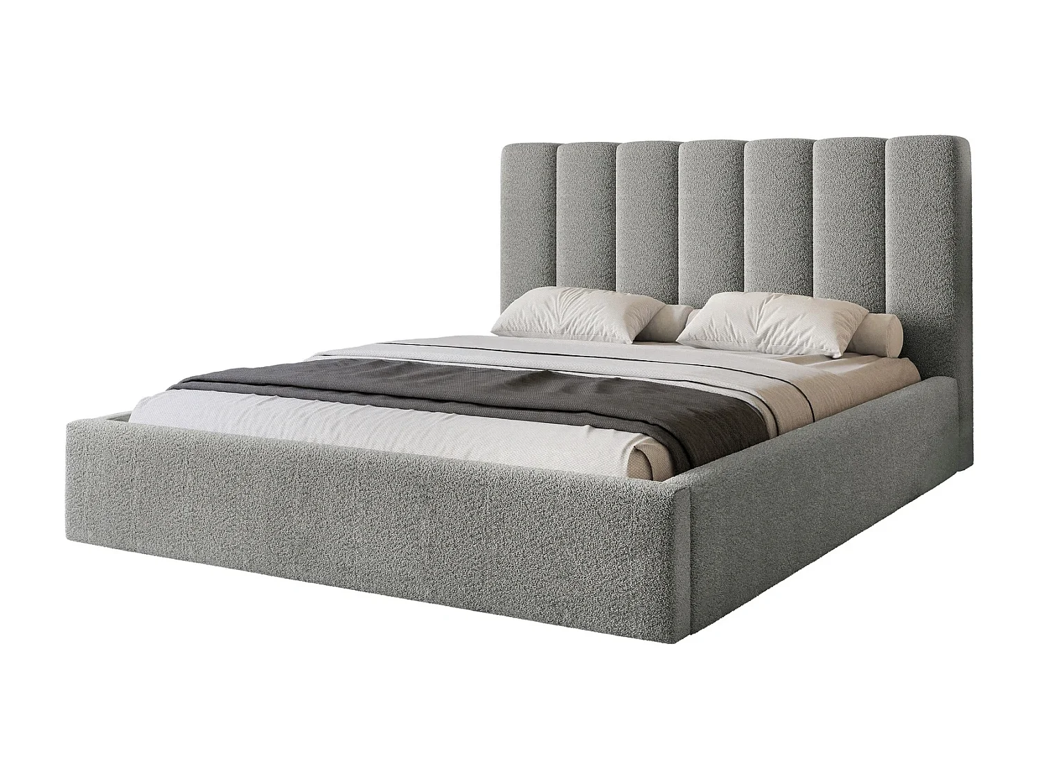 Lit Coffre 2 places CIERO 140x200 cm avec Sommier à Lattes - Tissu Bouclette Gris (Abriamo)