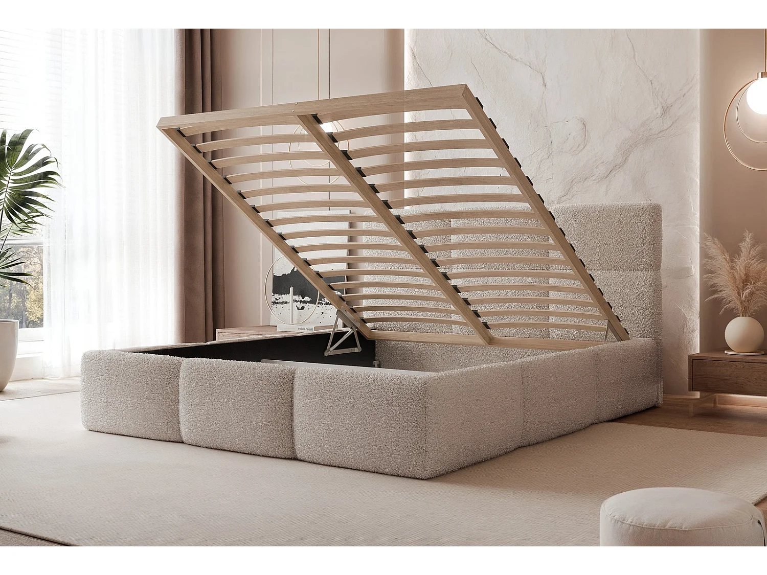 Lit Coffre King Size VIVIEN 180x200 cm avec Sommier à Lattes - Tissu Bouclé Greige (Coral 65)