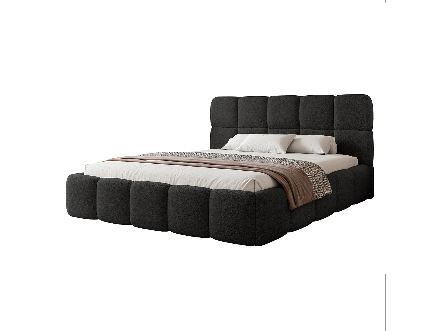 Lit Coffre King Size CERETTO 180x200 cm avec Sommier à Lattes - Tissu Bouclé Noir (Quelle 100)