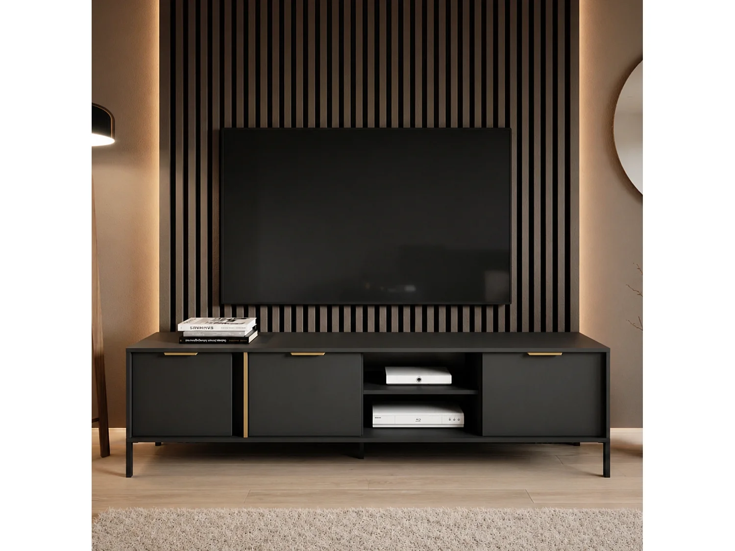 TV-meubel Valdi F 203 cm met 3 Deuren, Open Nis en Gouden Details - Antraciet