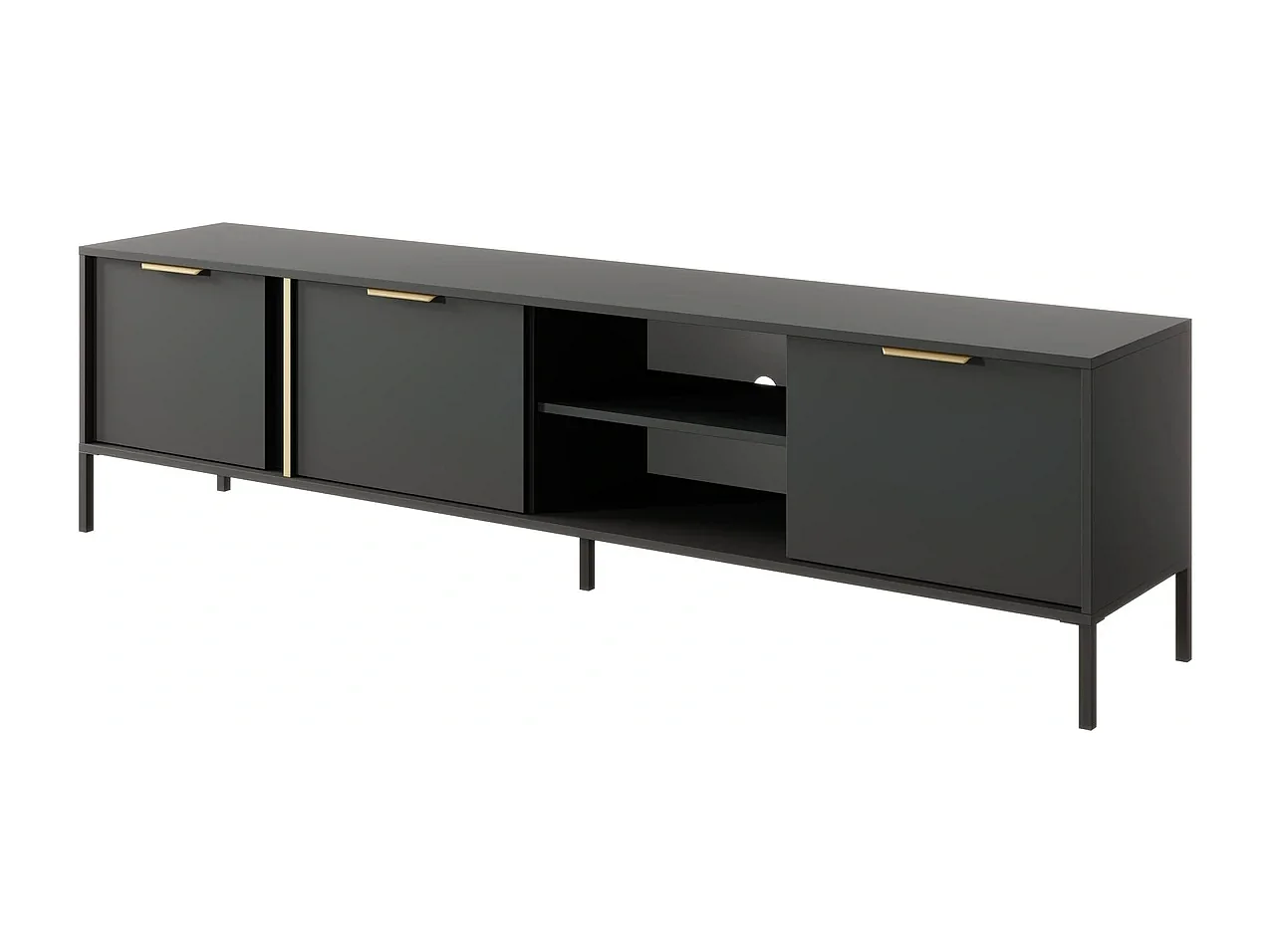 TV-meubel Valdi F 203 cm met 3 Deuren, Open Nis en Gouden Details - Antraciet