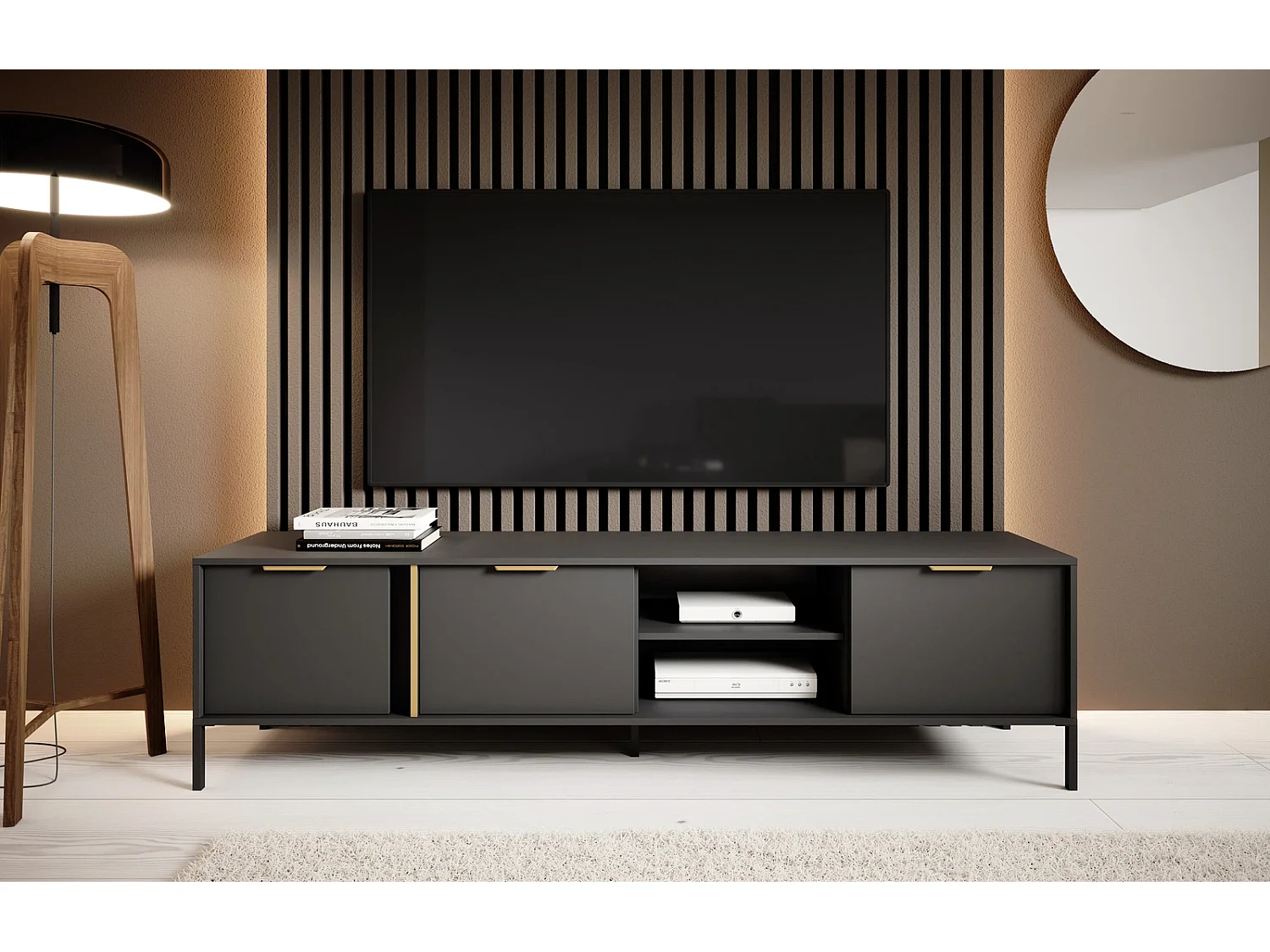 TV-meubel Valdi F 203 cm met 3 Deuren, Open Nis en Gouden Details - Antraciet