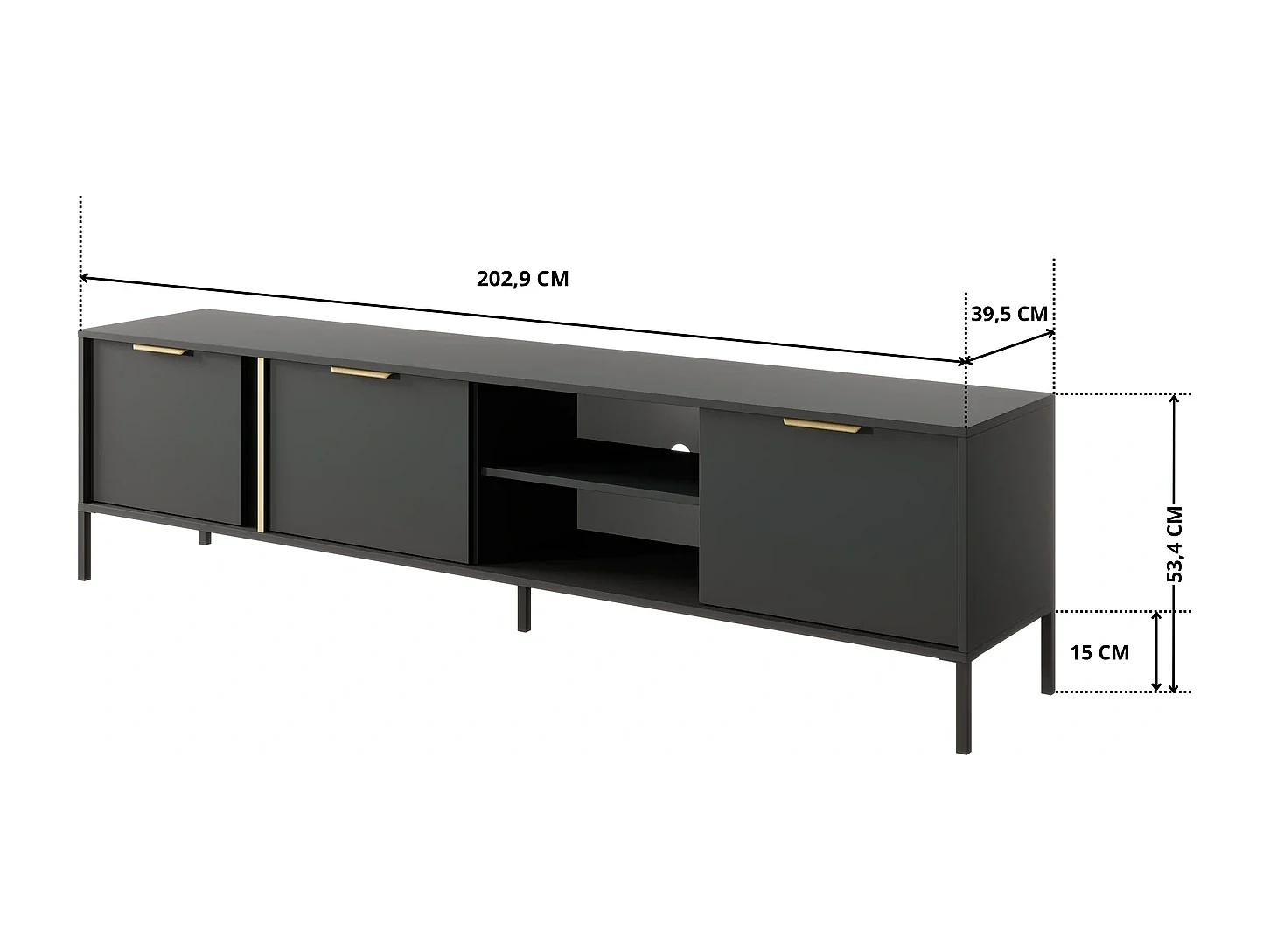 TV-meubel Valdi F 203 cm met 3 Deuren, Open Nis en Gouden Details - Antraciet