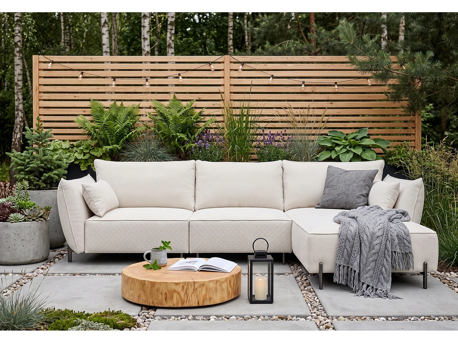 Gartenecksofa für Terrasse und Garten, Stoff Sunlight, Ecru, Rechts, SUNMEE