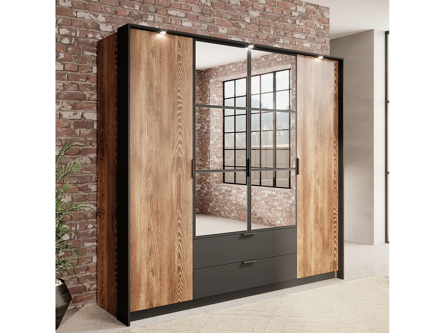 Kleiderschrank MELTON 223 cm mit 4 Türen, Spiegeln, Schubladen und LED - Kastanie / Anthrazit