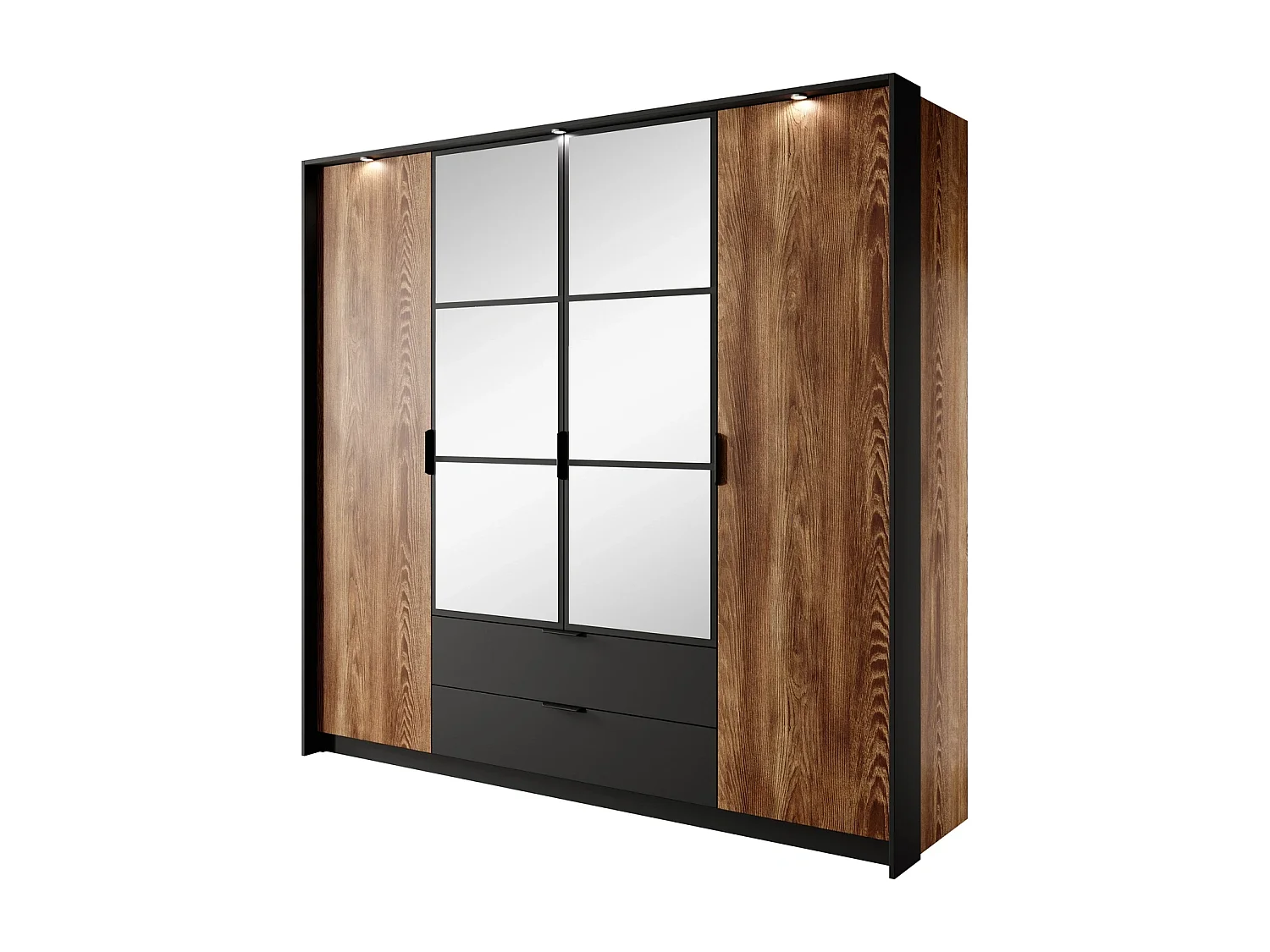 Kleiderschrank MELTON 223 cm mit 4 Türen, Spiegeln, Schubladen und LED - Kastanie / Anthrazit