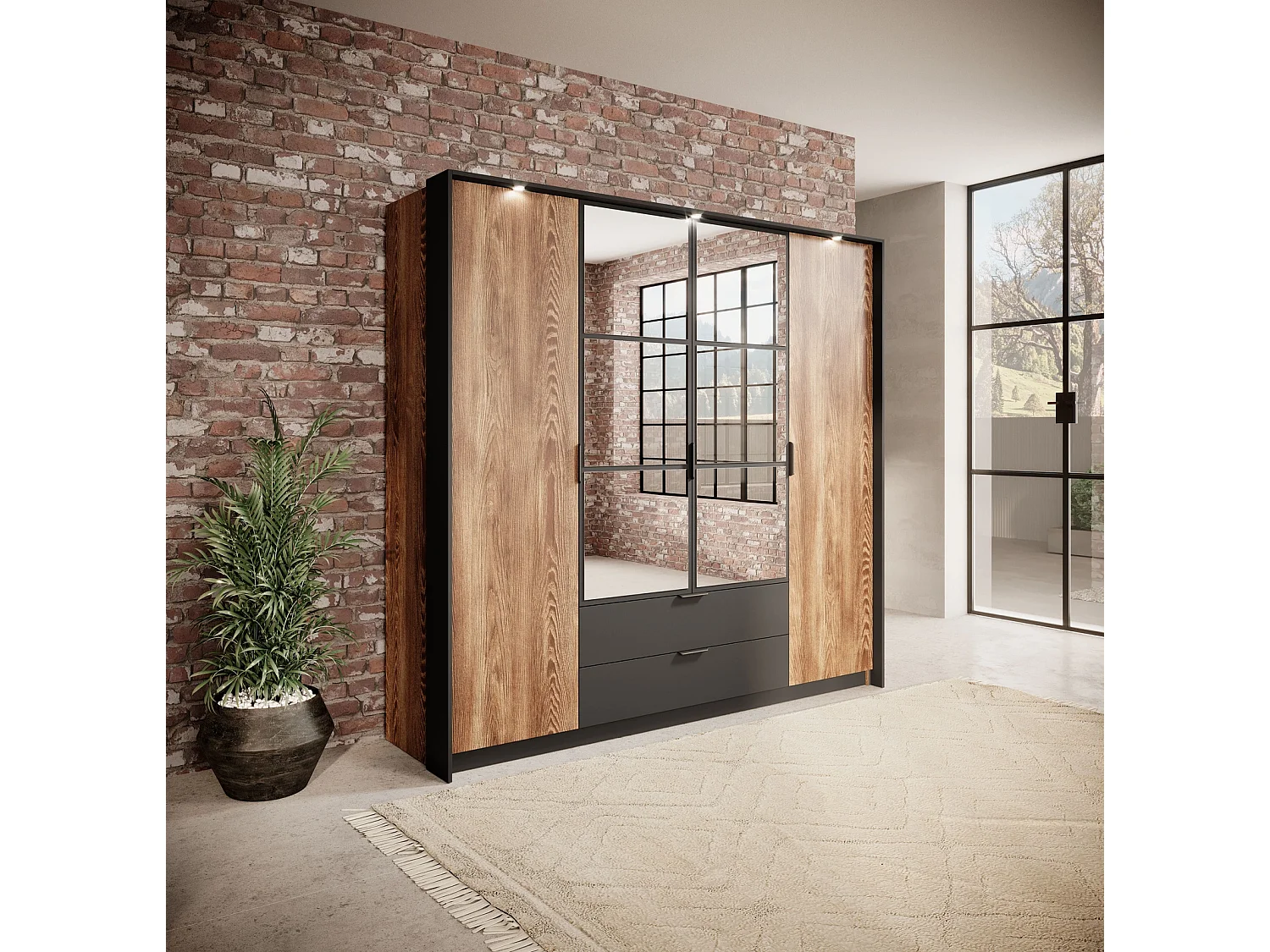 Kleiderschrank MELTON 223 cm mit 4 Türen, Spiegeln, Schubladen und LED - Kastanie / Anthrazit