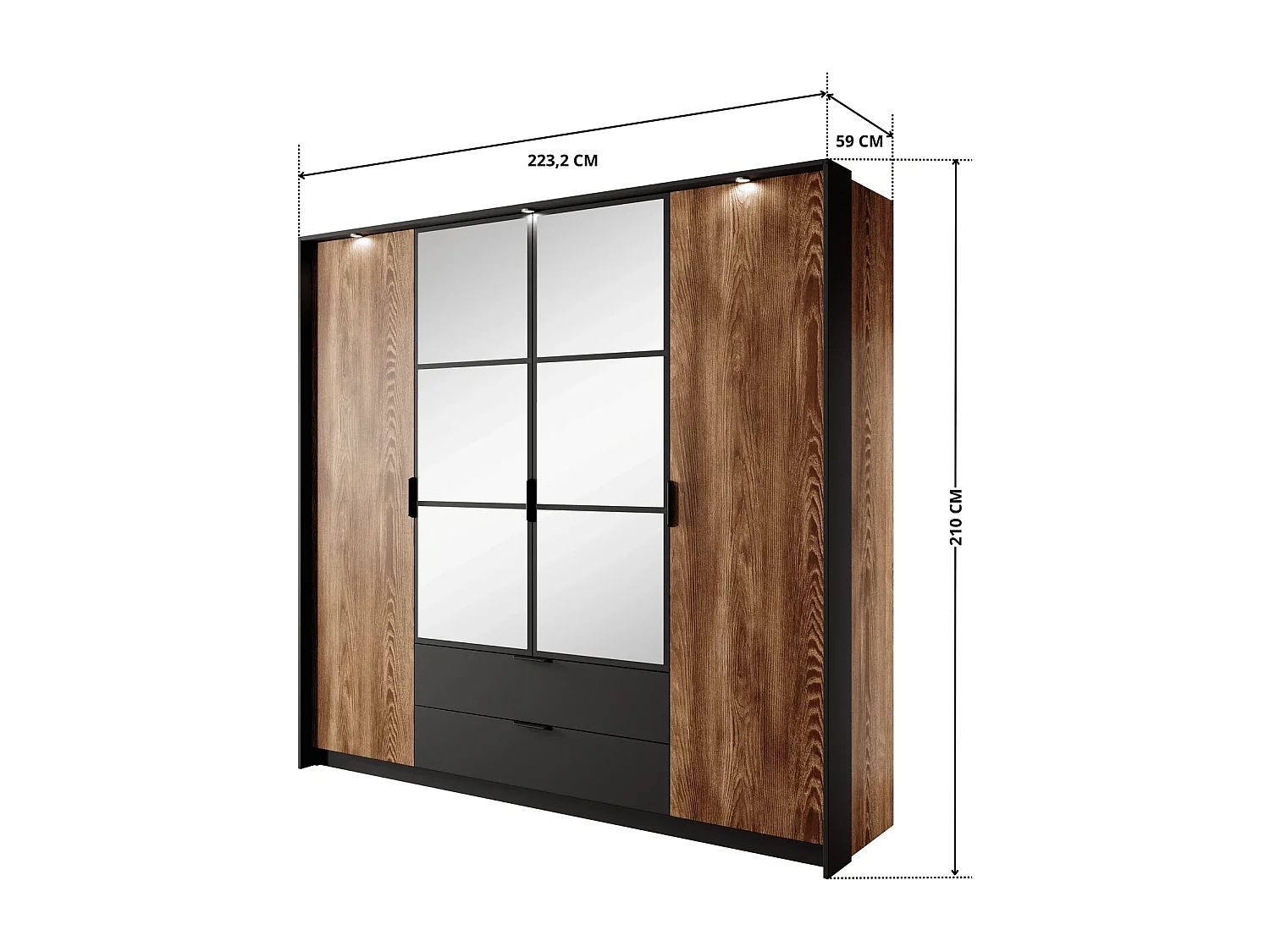 Kleiderschrank MELTON 223 cm mit 4 Türen, Spiegeln, Schubladen und LED - Kastanie / Anthrazit