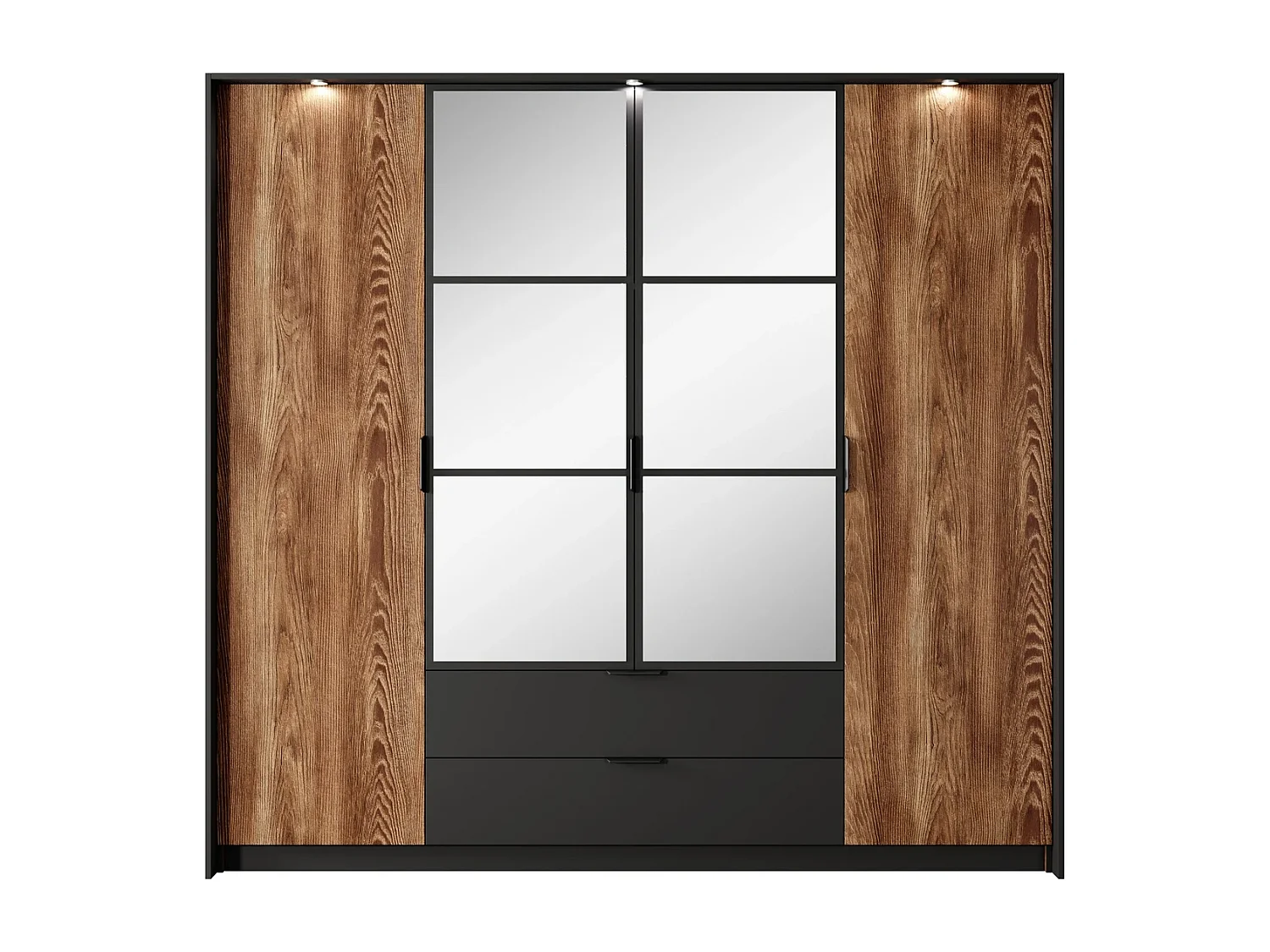 Kleiderschrank MELTON 223 cm mit 4 Türen, Spiegeln, Schubladen und LED - Kastanie / Anthrazit