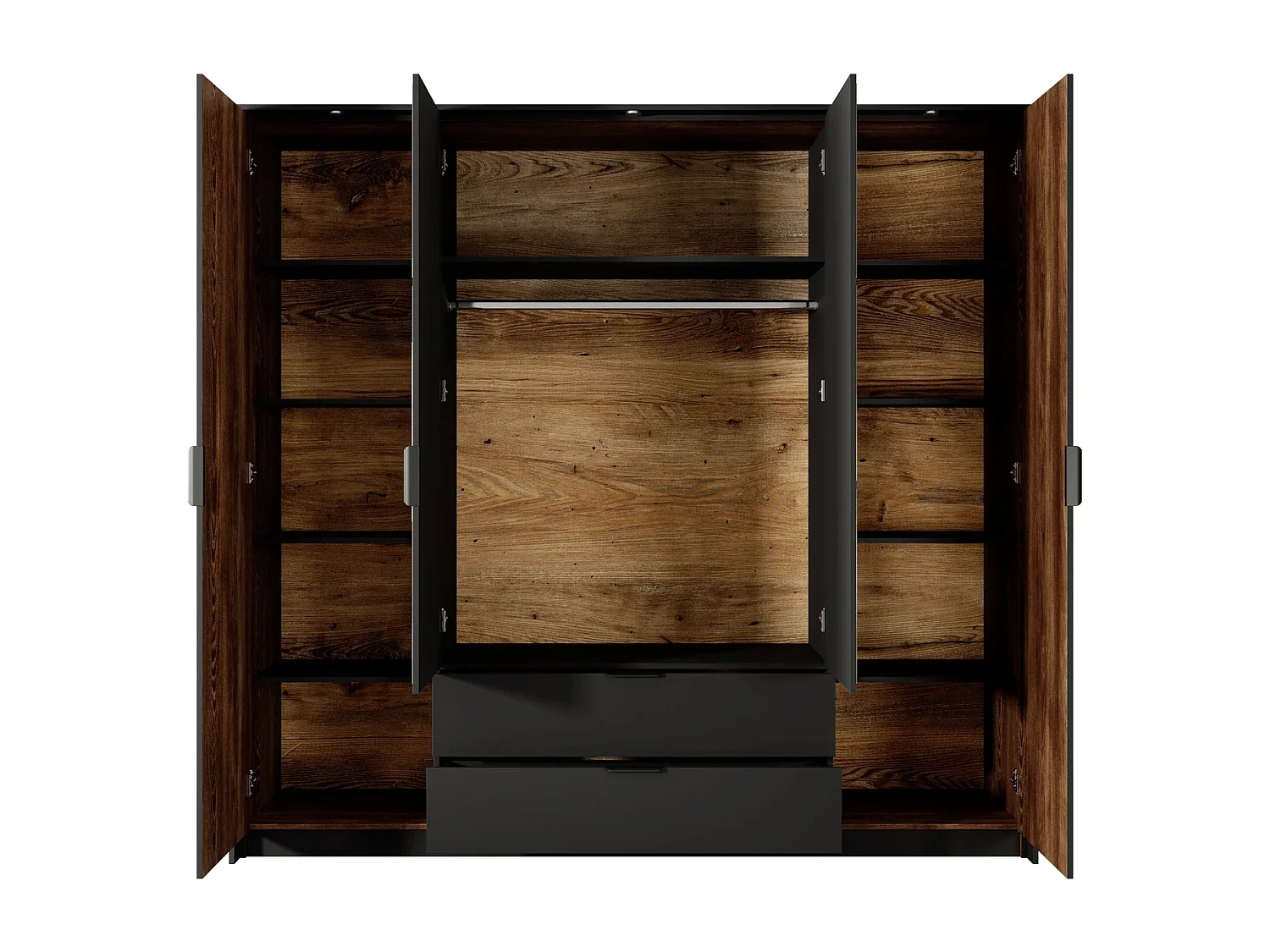 Kleiderschrank MELTON 223 cm mit 4 Türen, Spiegeln, Schubladen und LED - Kastanie / Anthrazit