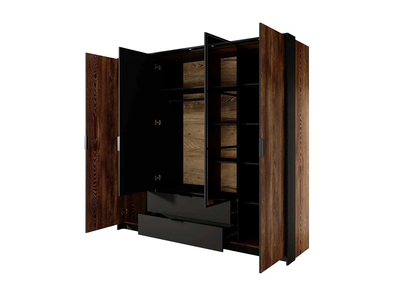 Kleiderschrank MELTON 223 cm mit 4 Türen, Spiegeln, Schubladen und LED - Kastanie / Anthrazit
