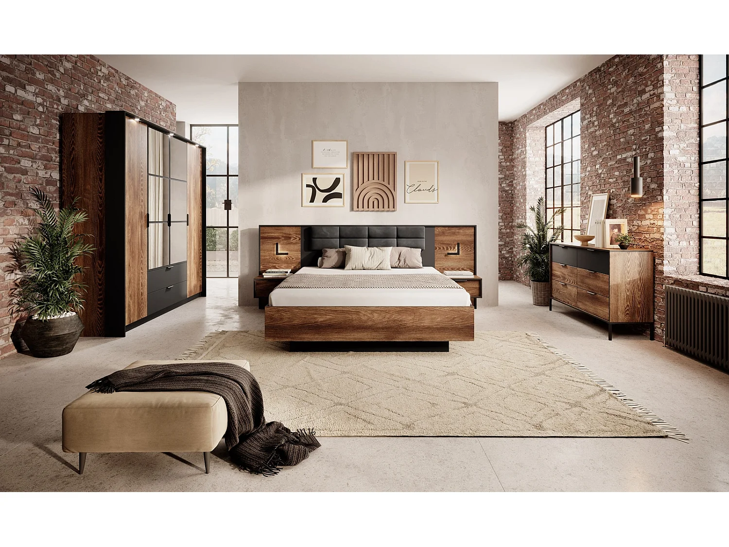 Kleiderschrank MELTON 223 cm mit 4 Türen, Spiegeln, Schubladen und LED - Kastanie / Anthrazit