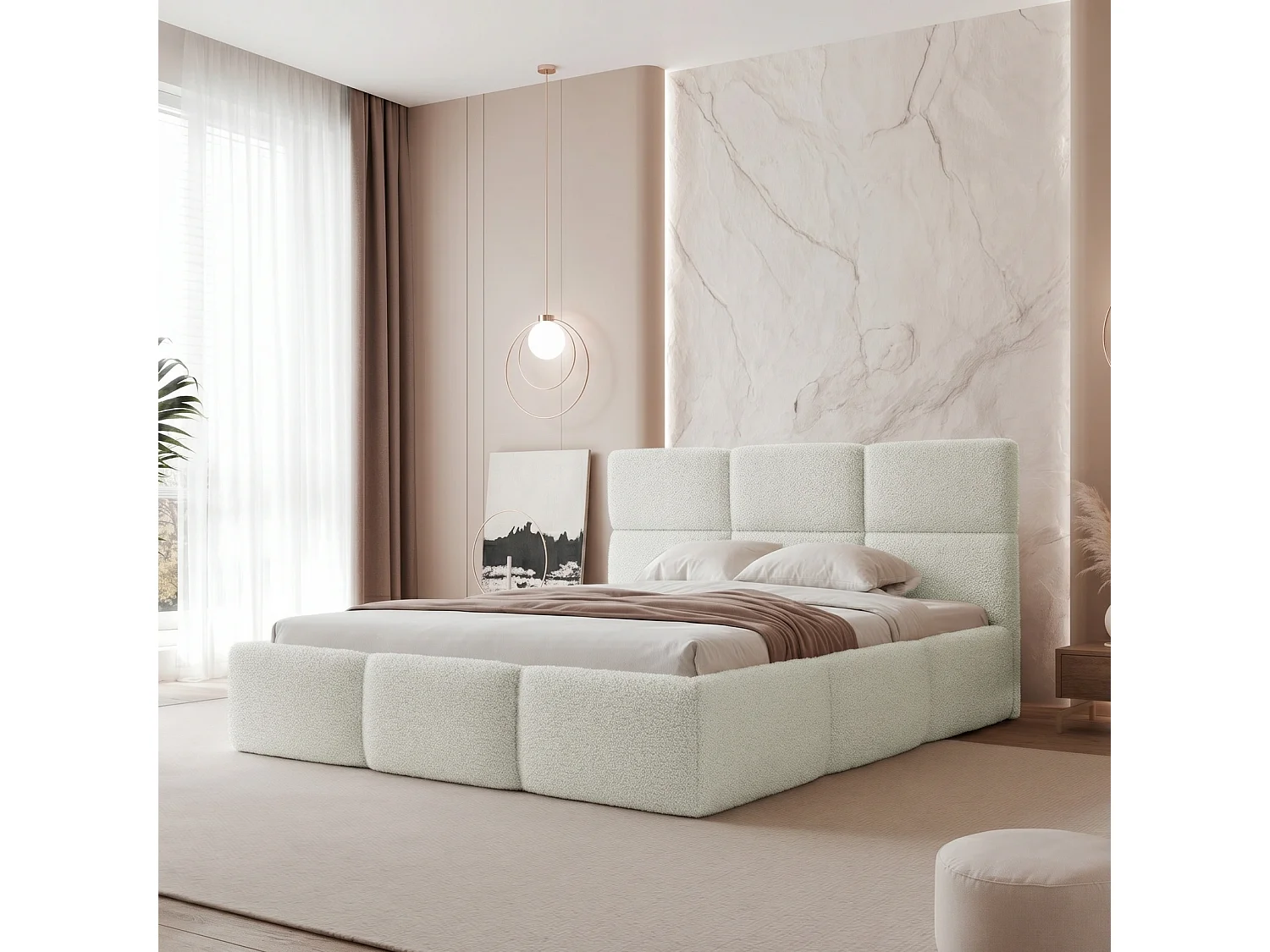 Lit Coffre 2 places VIVIEN 140x200 cm avec Sommier à Lattes - Tissu Bouclé Blanc (Coral 70)