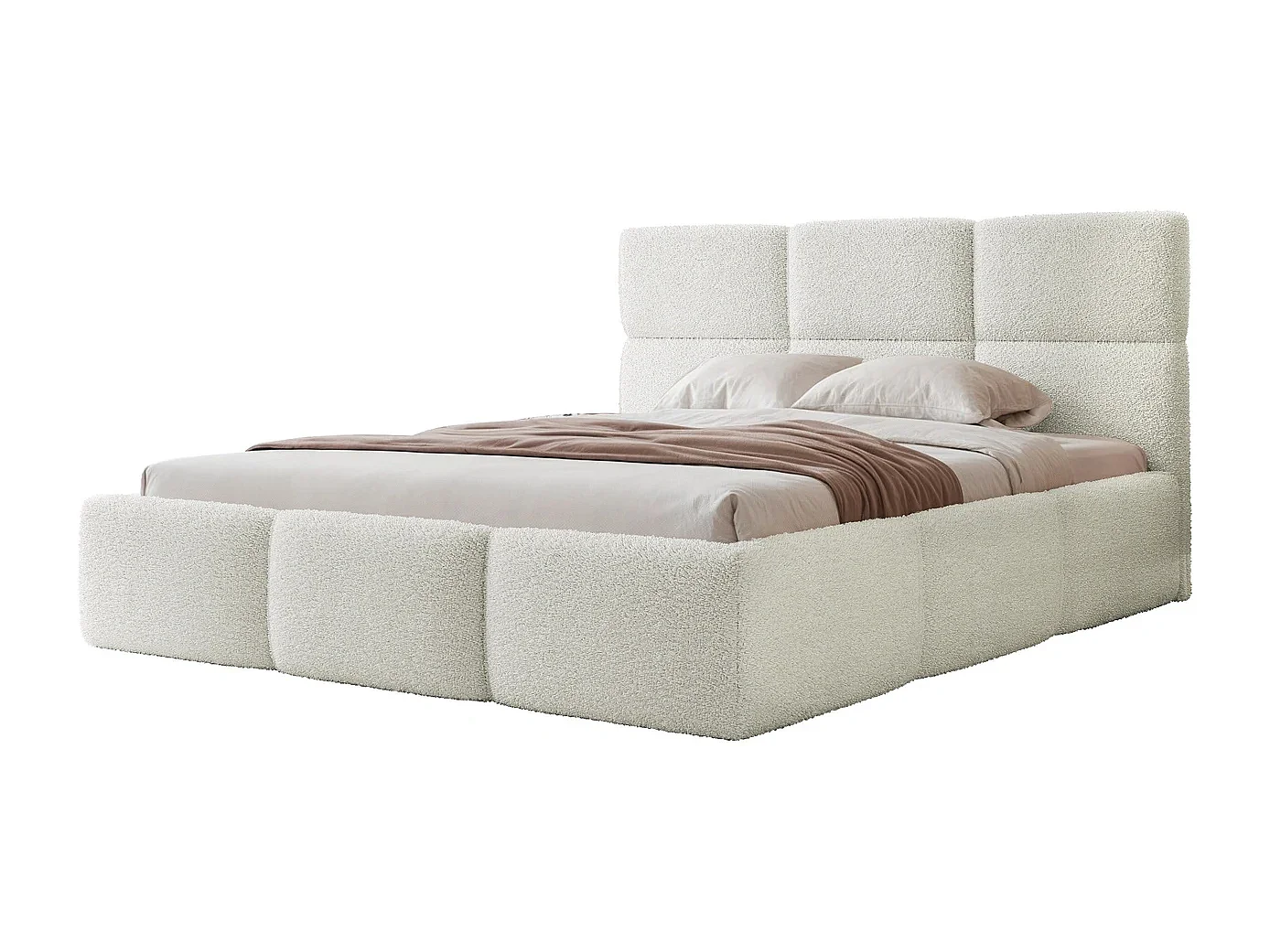 Lit Coffre 2 places VIVIEN 140x200 cm avec Sommier à Lattes - Tissu Bouclé Blanc (Coral 70)