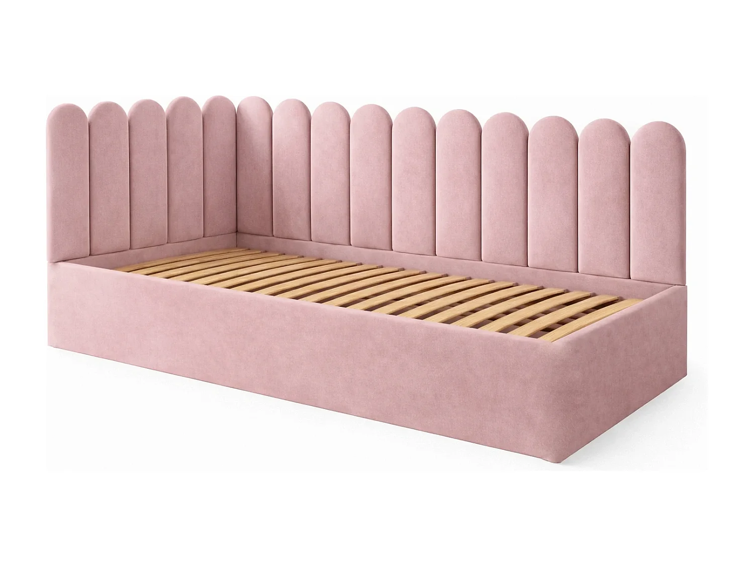 Lit Enfant et Ado Junior avec Panneaux Muraux Rembourrés - 90x200 cm - Velours Rose - Coffre