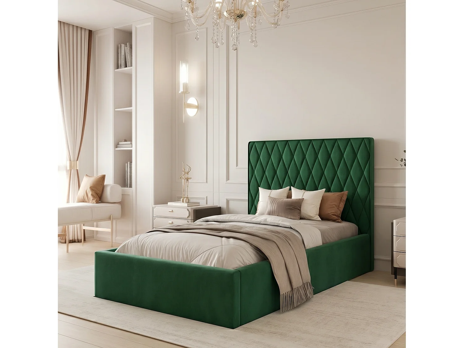 Lit Coffre Compact PONTI 120x200 cm avec Sommier à Lattes - Vert Bouteille (Magic Velvet)