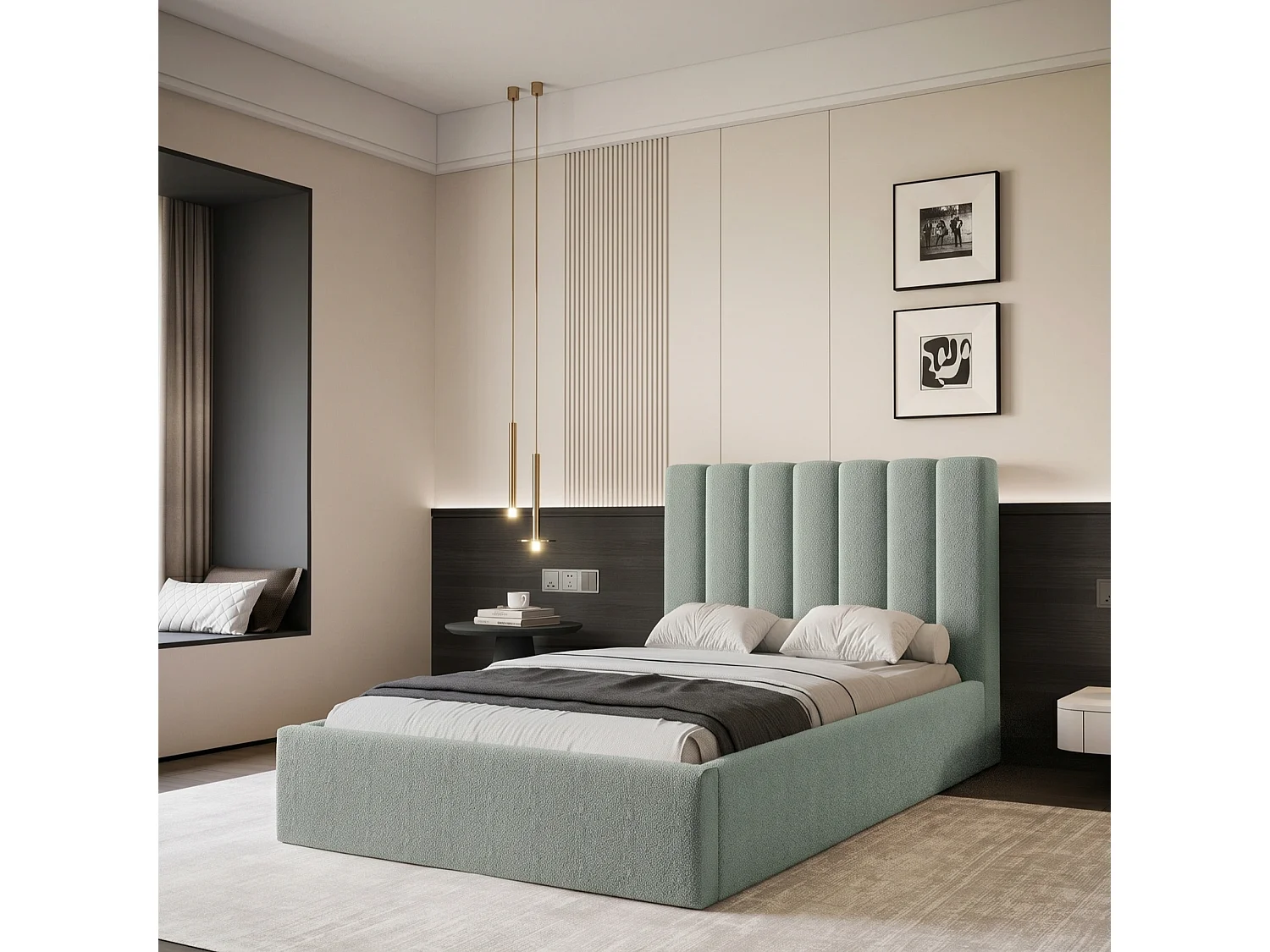 Lit Coffre CIERO 120x200 cm avec Sommier à Lattes - Tissu Bouclette Menthe (Abriamo)