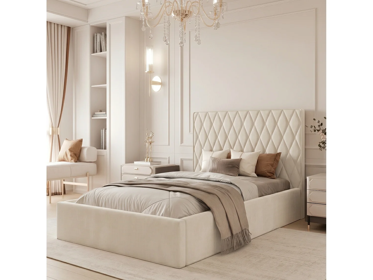 Lit Coffre Compact PONTI 120x200 cm avec Sommier à Lattes - Crème (Magic Velvet)