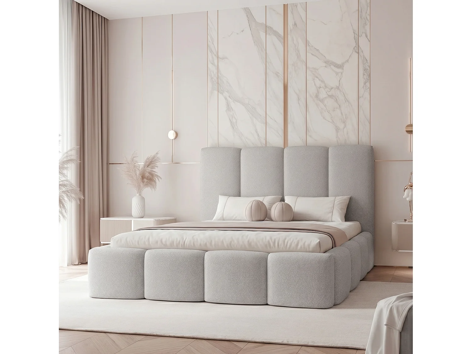 Lit Coffre XXL LANDARE 200x200 cm avec Sommier à Lattes - Velours Gris Argent (Melody 02)