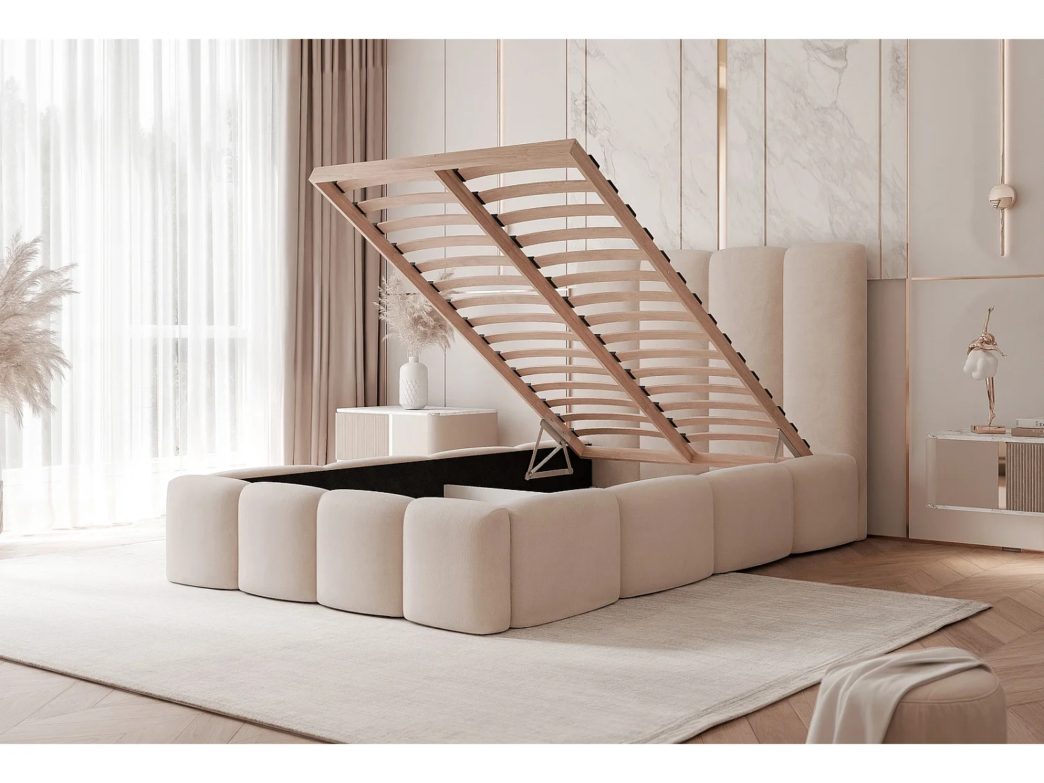 Lit Coffre XXL LANDARE 200x200 cm avec Sommier à Lattes - Velours Gris Argent (Melody 02)