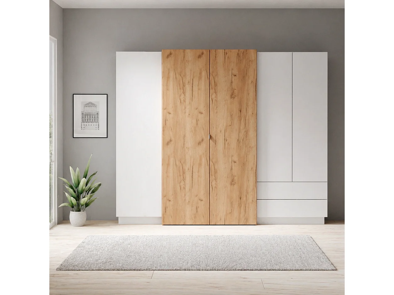 Kleiderschrank Viano H 230 cm mit 5 Türen, 2 Schubladen und Innenspiegel - Weiß / Eiche Craft Gold