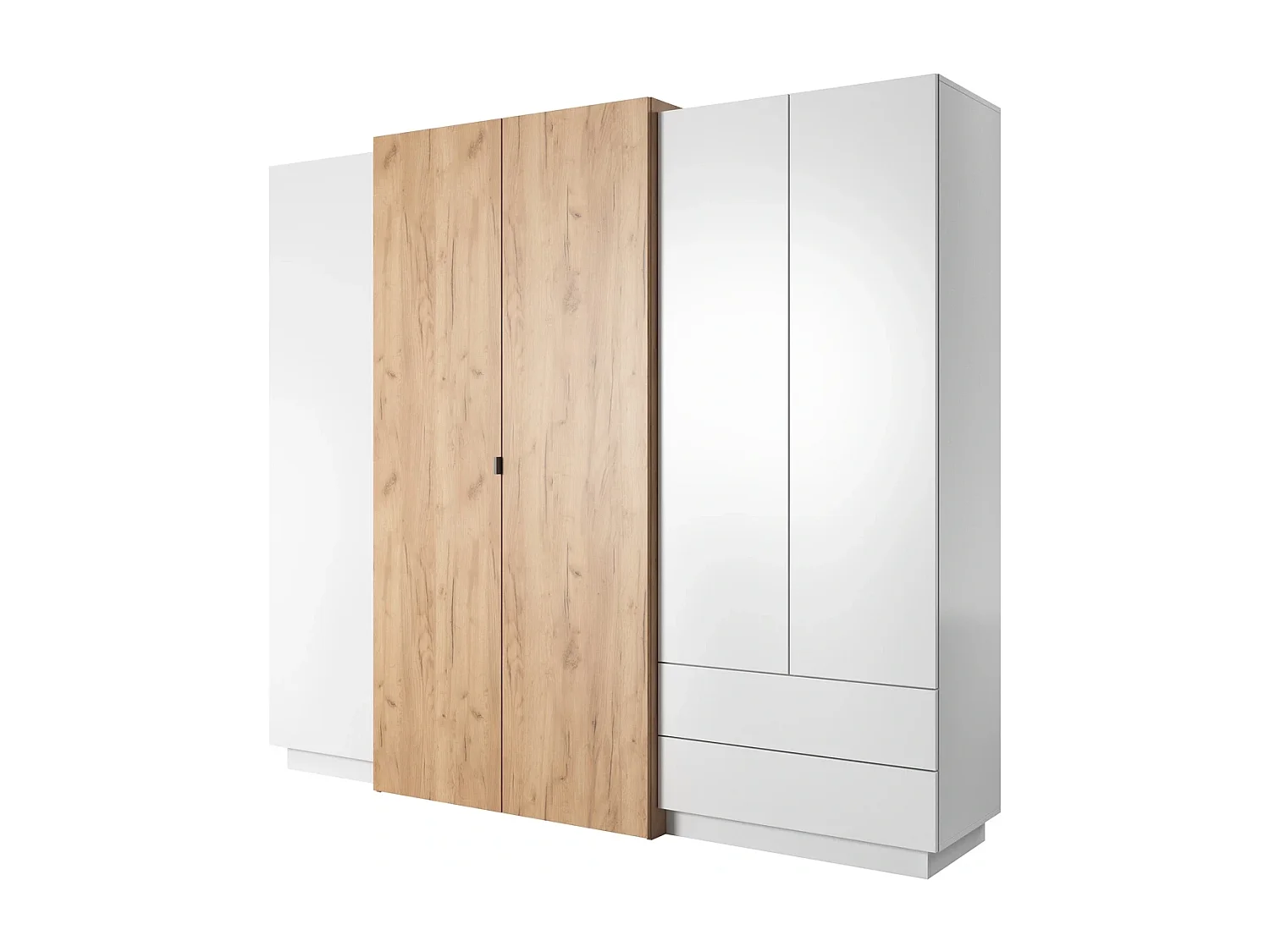 Kleiderschrank Viano H 230 cm mit 5 Türen, 2 Schubladen und Innenspiegel - Weiß / Eiche Craft Gold