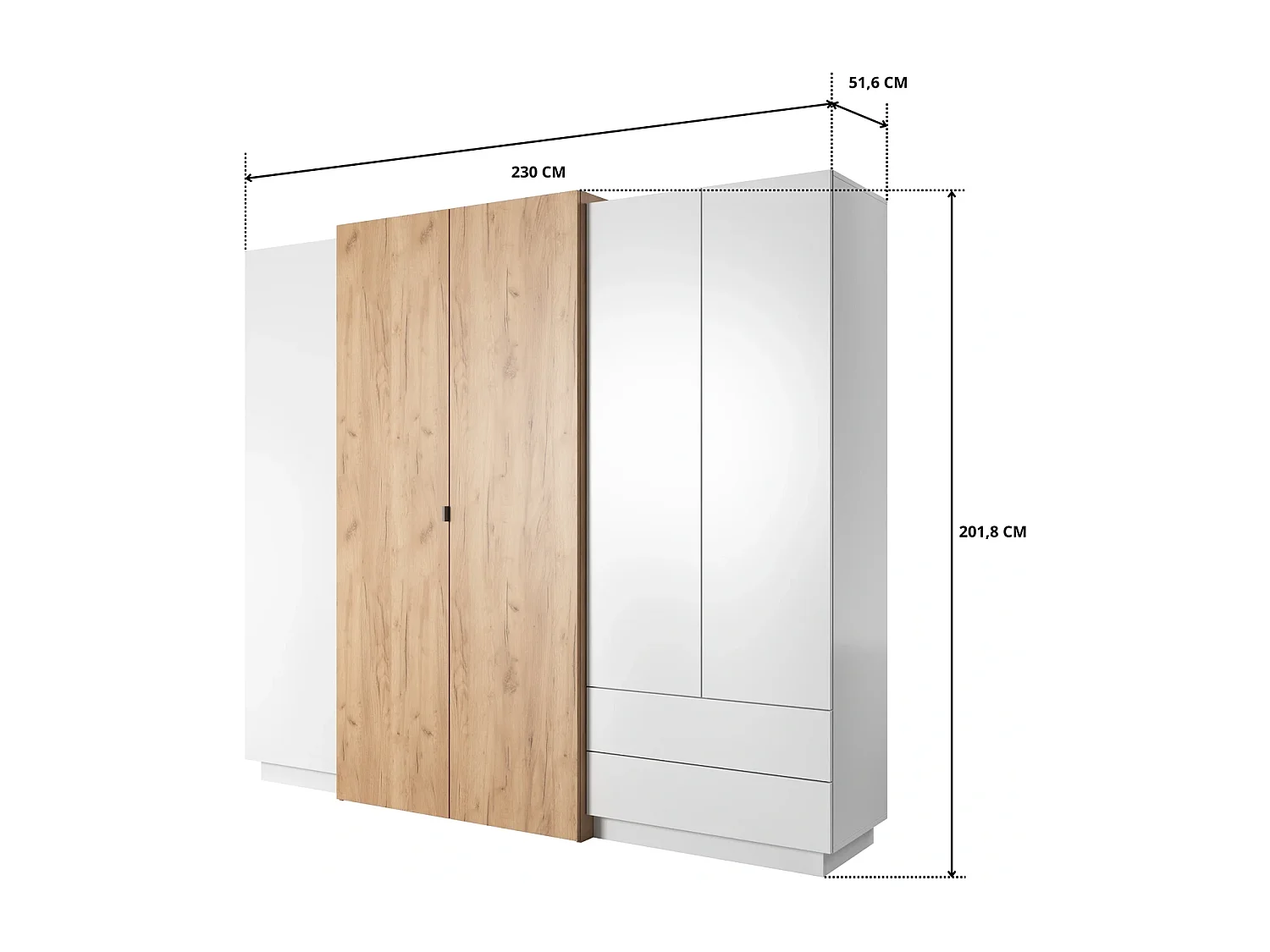 Kleiderschrank Viano H 230 cm mit 5 Türen, 2 Schubladen und Innenspiegel - Weiß / Eiche Craft Gold