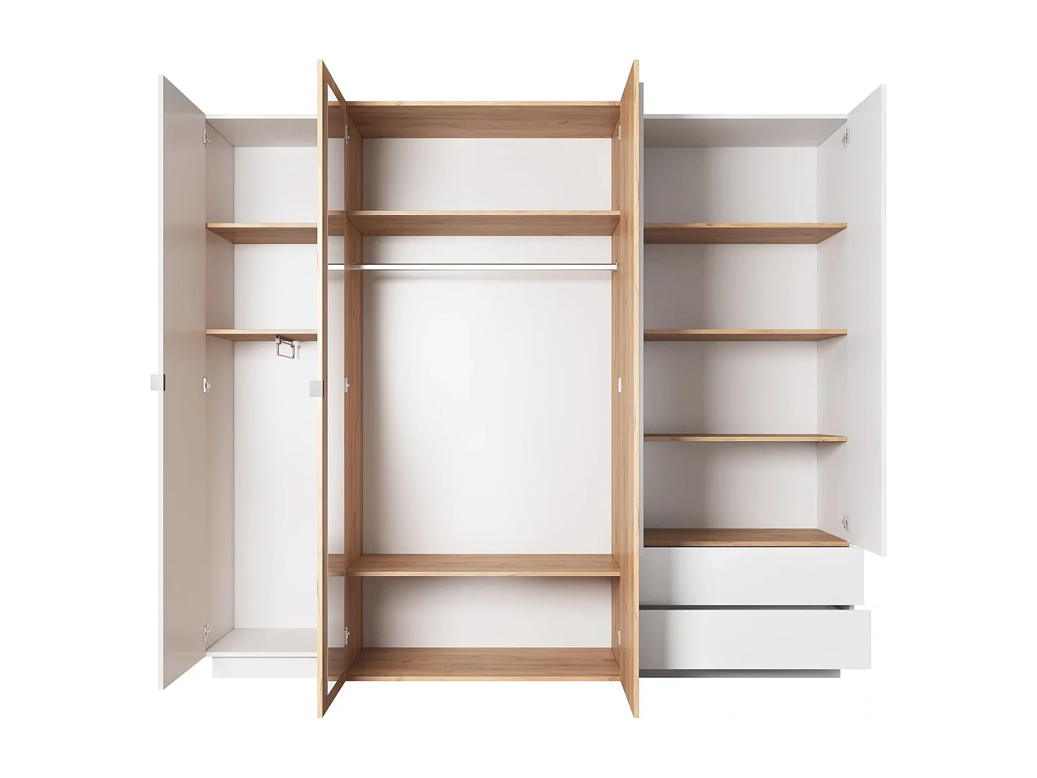 Kleiderschrank Viano H 230 cm mit 5 Türen, 2 Schubladen und Innenspiegel - Weiß / Eiche Craft Gold